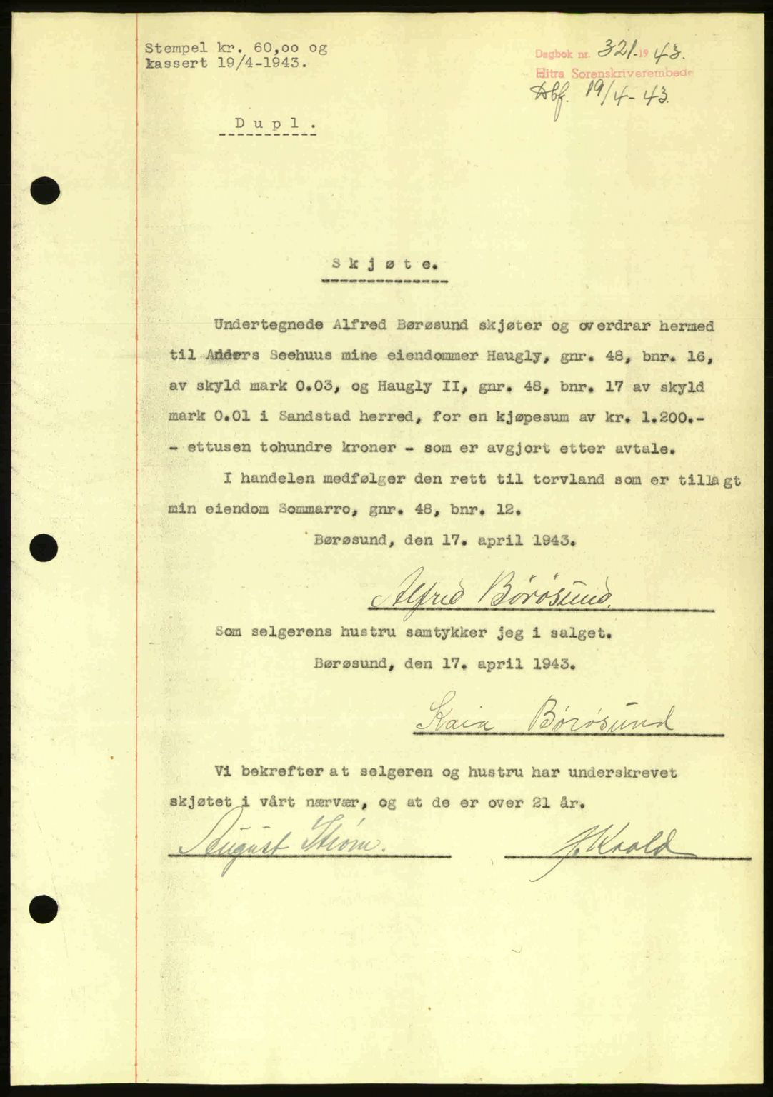 Hitra sorenskriveri, AV/SAT-A-0018/2/2C/2Ca: Mortgage book no. A2, 1943-1945, Diary no: : 321/1943