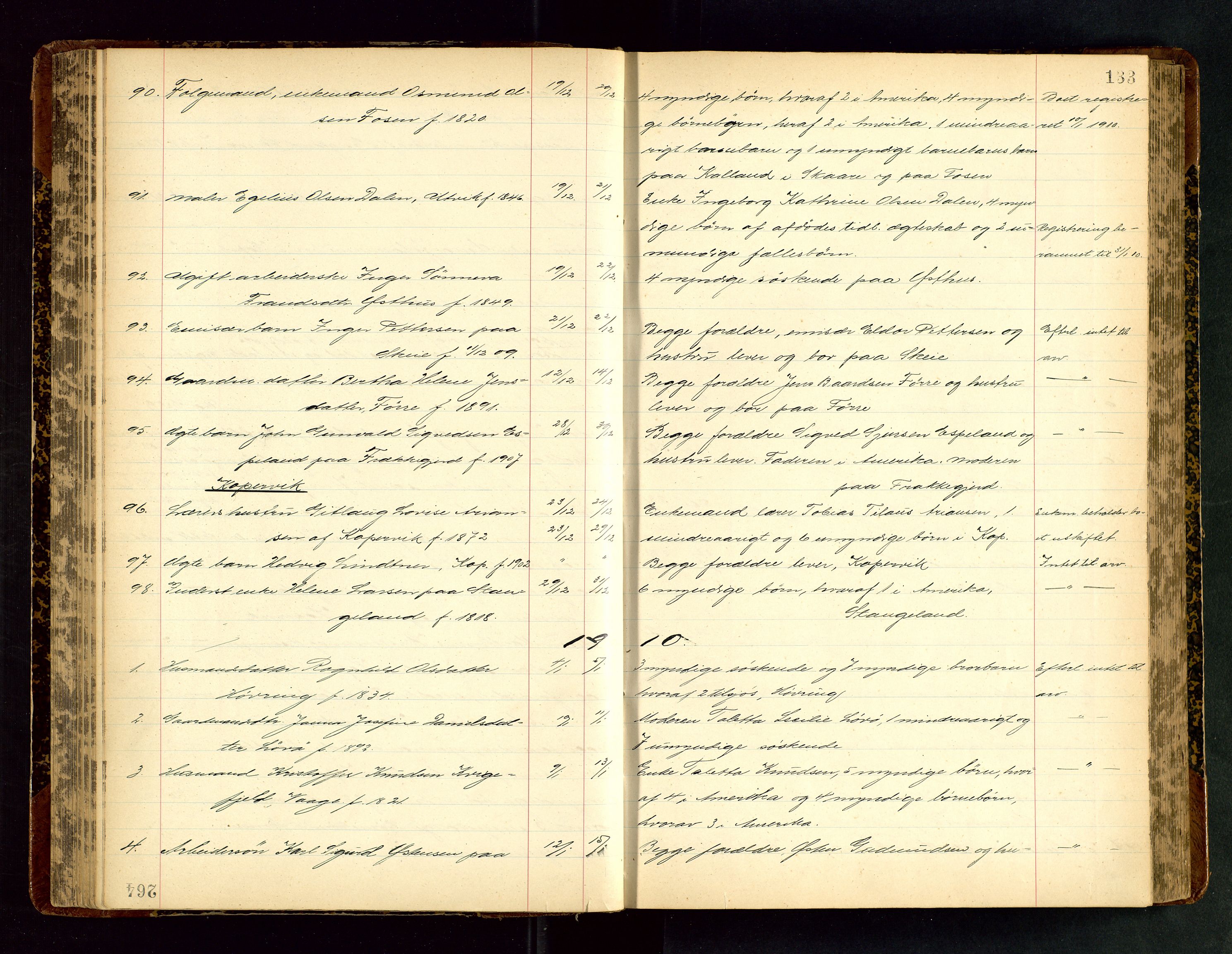 Karmsund sorenskriveri, SAST/A-100311/01/IV/IVAB/L0004: DØDSFALLSPROTOKOLL, 1905-1911, p. 133