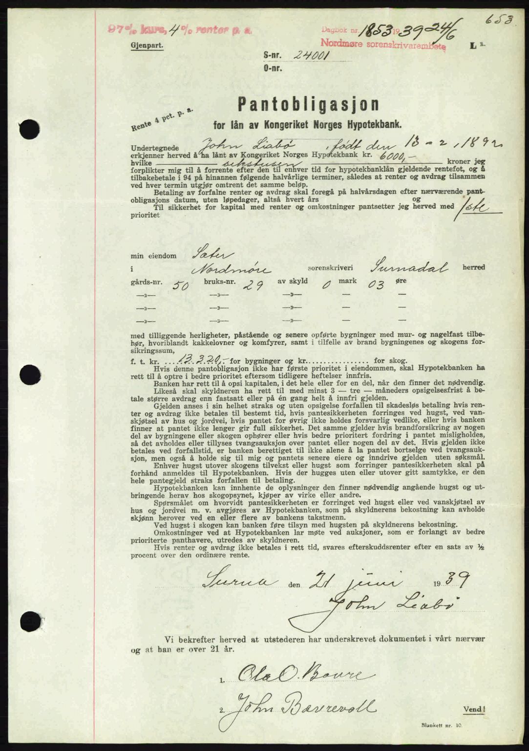 Nordmøre sorenskriveri, AV/SAT-A-4132/1/2/2Ca: Mortgage book no. B85, 1939-1939, Diary no: : 1853/1939