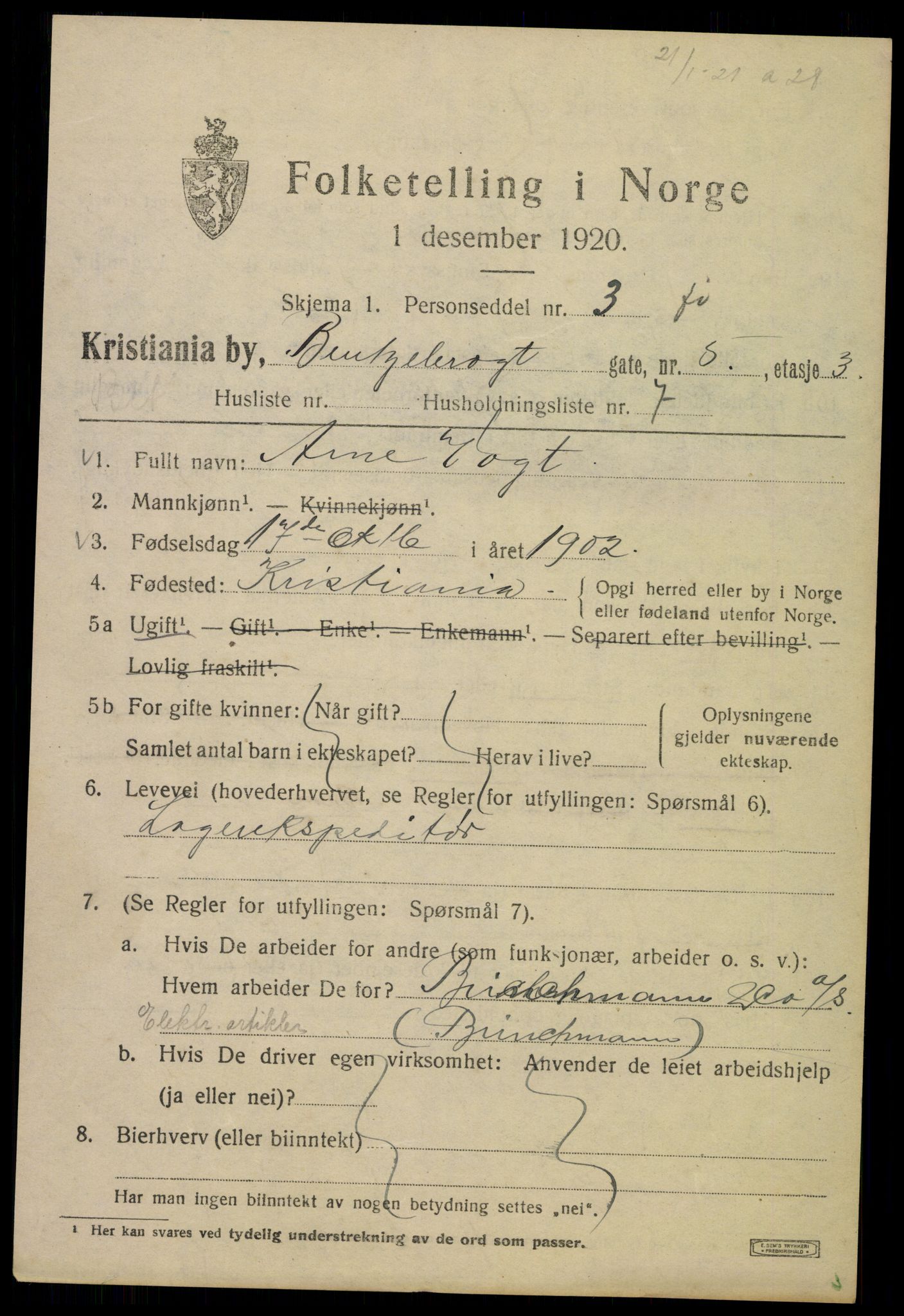 SAO, 1920 census for Kristiania, 1920, p. 151031