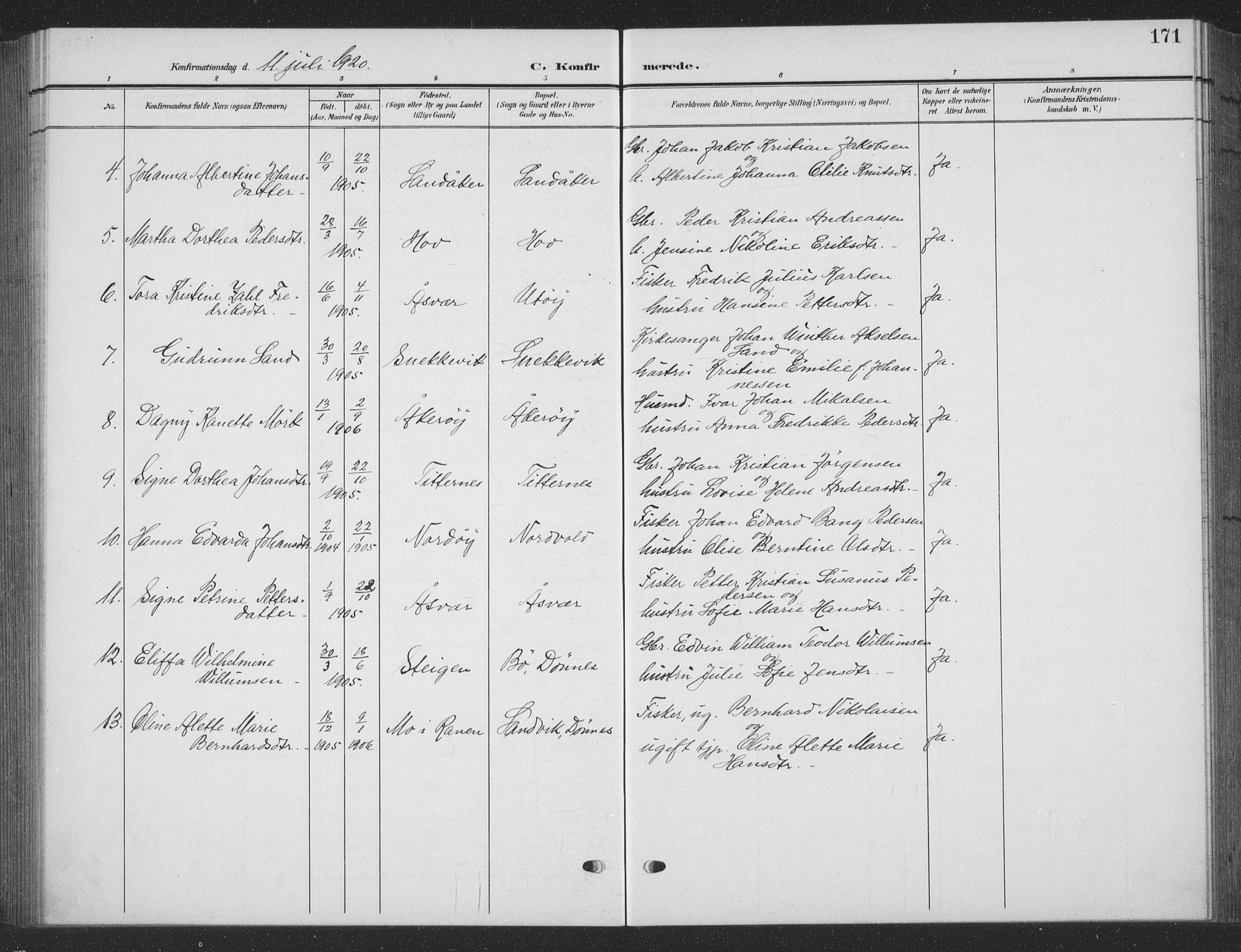 Ministerialprotokoller, klokkerbøker og fødselsregistre - Nordland, AV/SAT-A-1459/835/L0533: Parish register (copy) no. 835C05, 1906-1939, p. 171