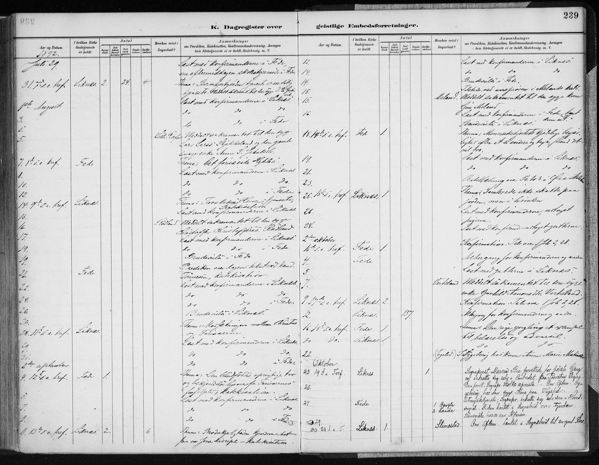 Kvinesdal sokneprestkontor, SAK/1111-0026/F/Fa/Fab/L0008: Parish register (official) no. A 8, 1886-1897, p. 239
