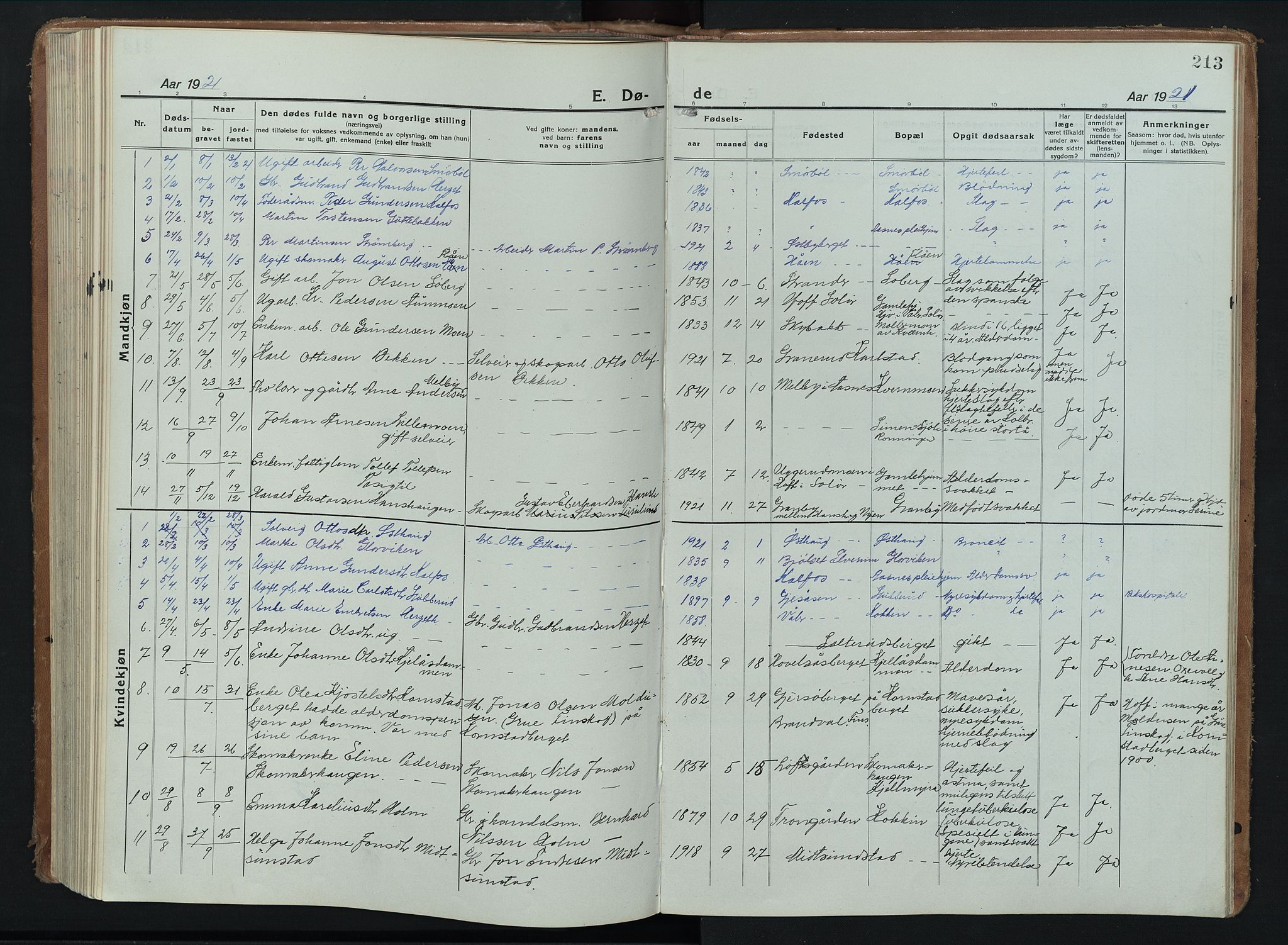 Åsnes prestekontor, AV/SAH-PREST-042/H/Ha/Hab/L0012: Parish register (copy) no. 12, 1921-1942, p. 213