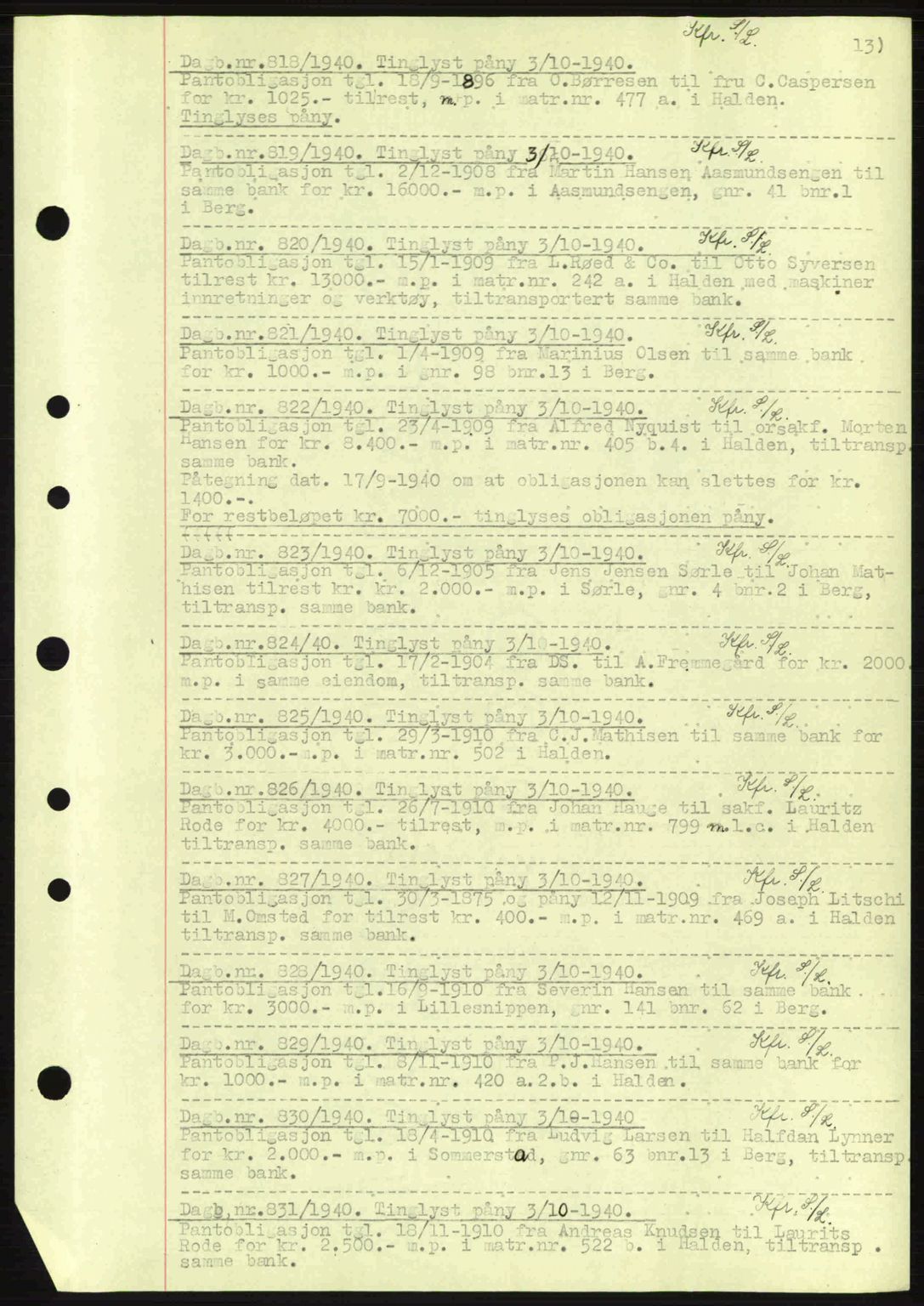 Idd og Marker sorenskriveri, AV/SAO-A-10283/G/Gb/Gbc/L0002: Mortgage book no. B4-9a, 1939-1945, Diary no: : 818/1940