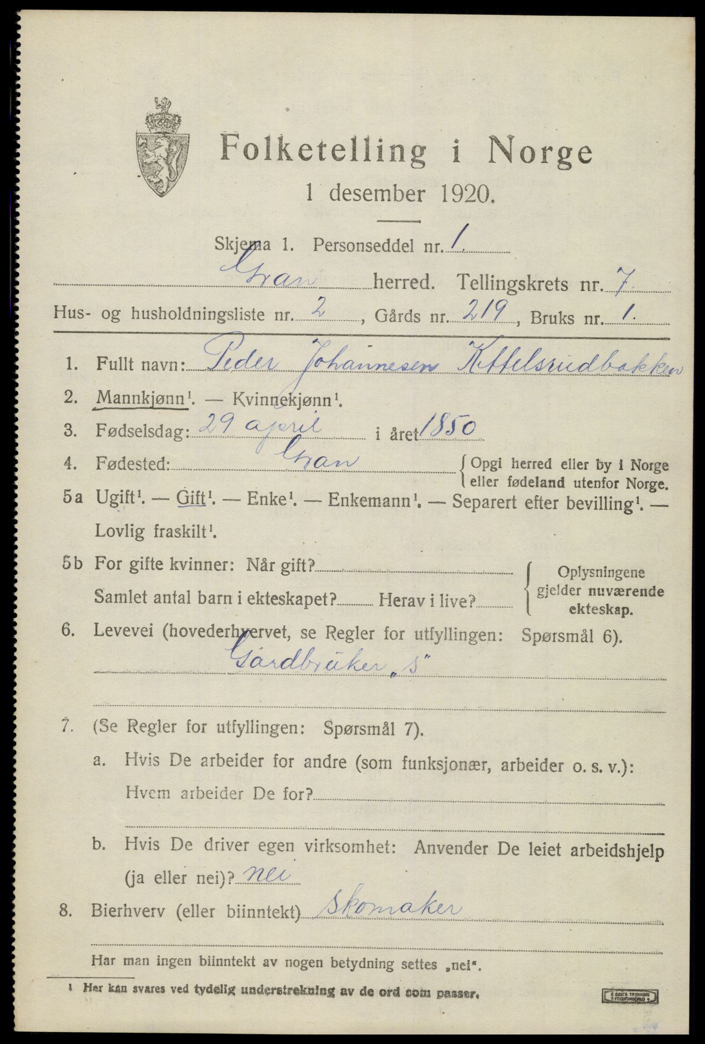 SAH, 1920 census for Gran, 1920, p. 9465