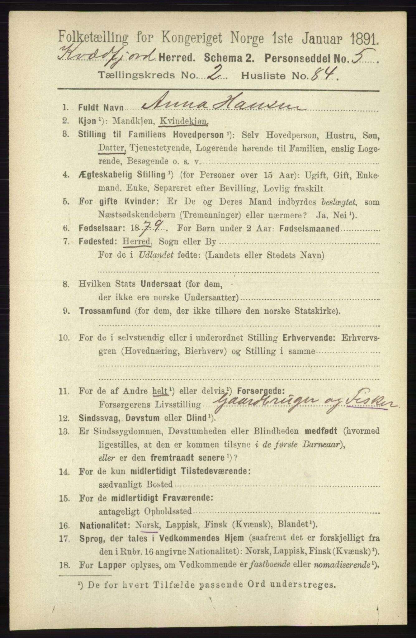 RA, 1891 census for 1911 Kvæfjord, 1891, p. 1213