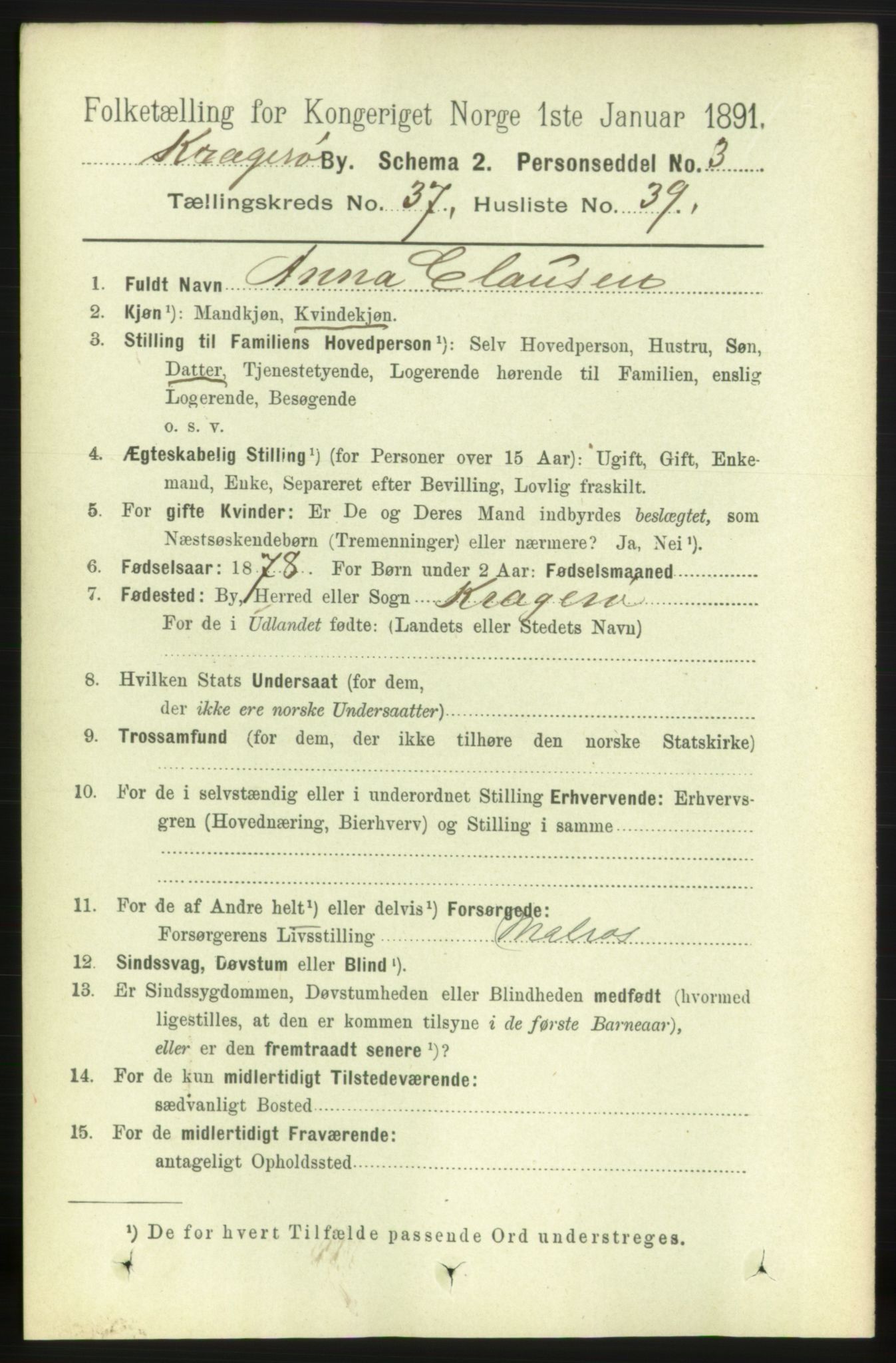 RA, 1891 census for 0801 Kragerø, 1891, p. 7011