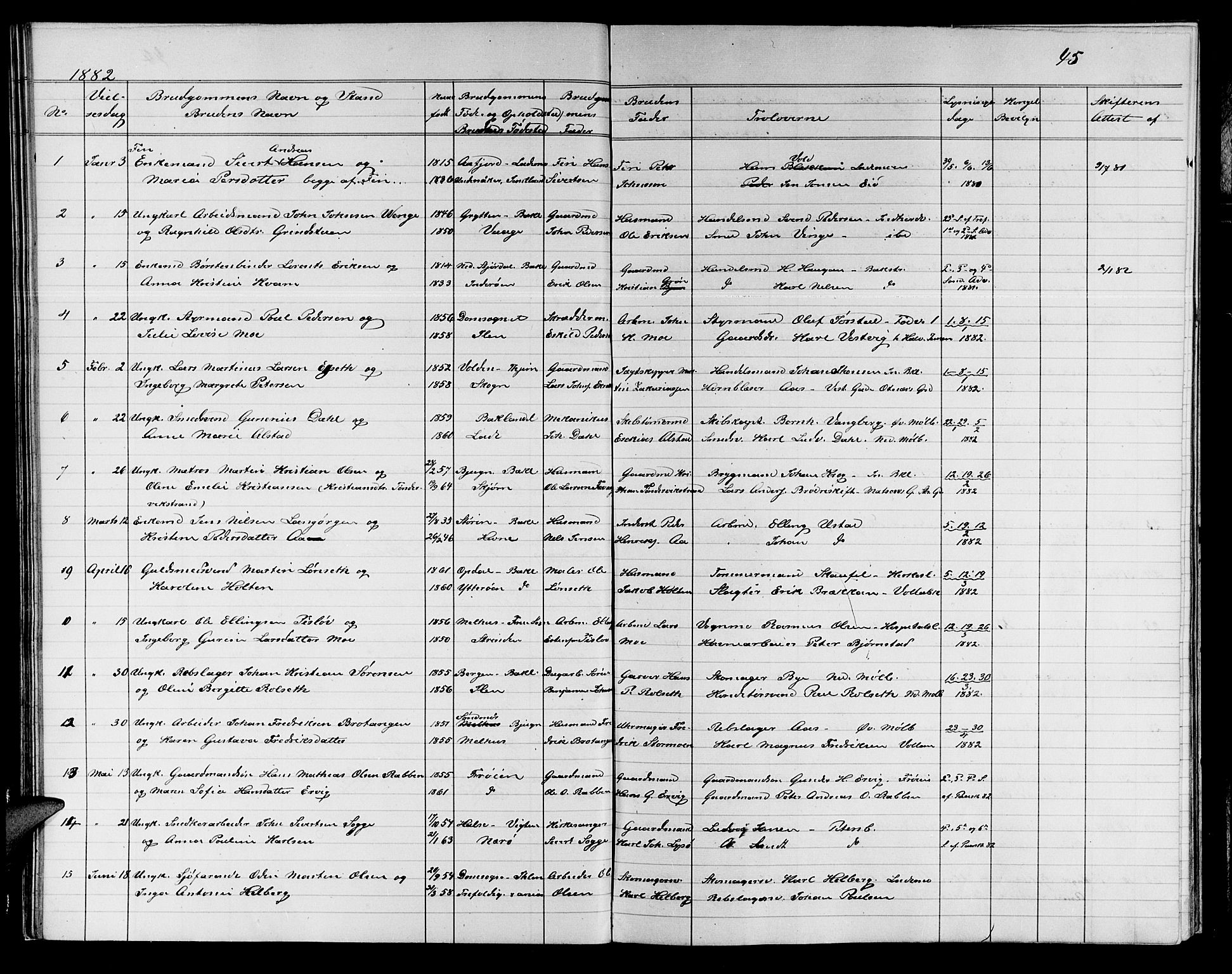 Ministerialprotokoller, klokkerbøker og fødselsregistre - Sør-Trøndelag, SAT/A-1456/604/L0221: Parish register (copy) no. 604C04, 1870-1885, p. 45