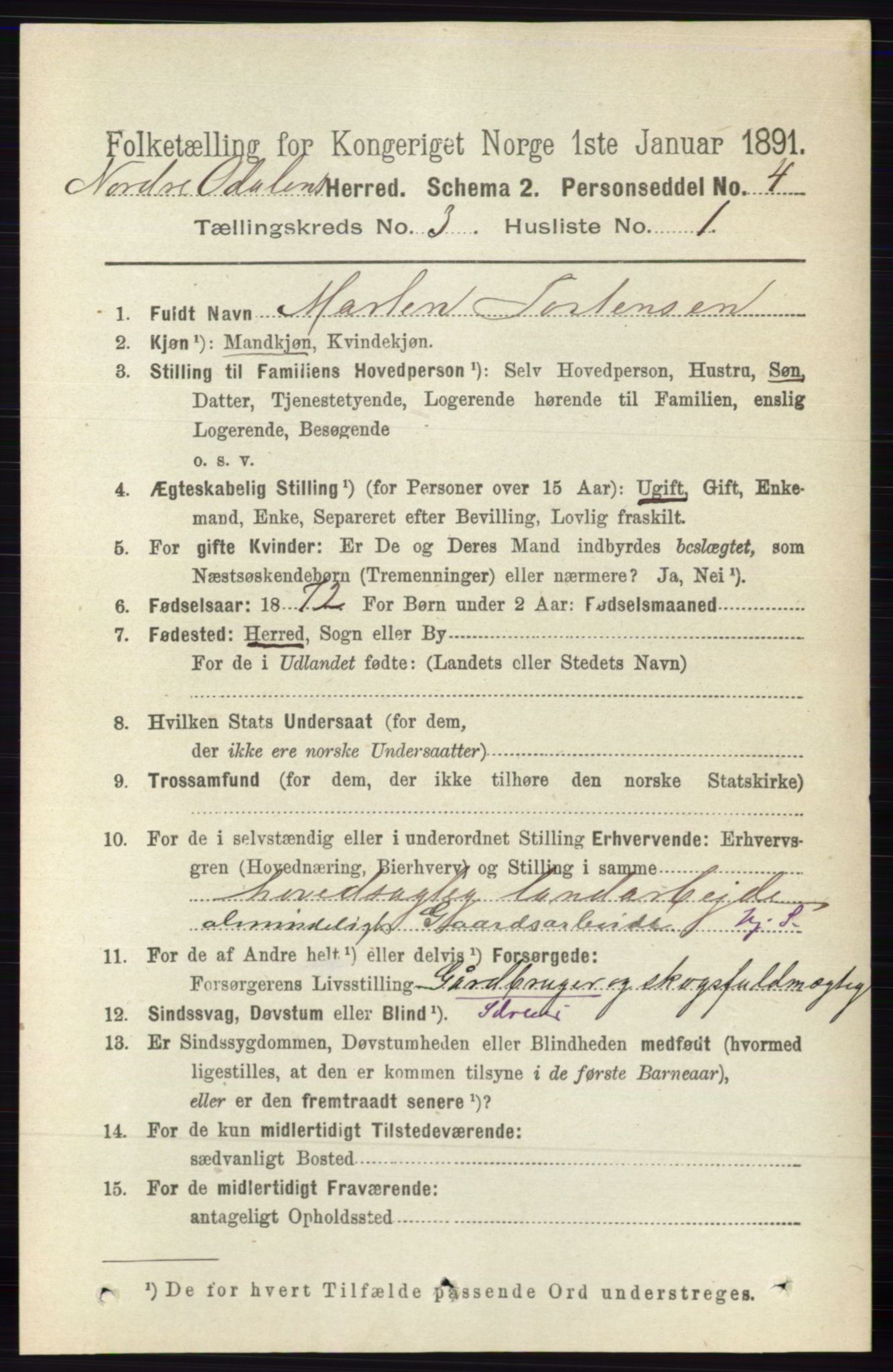 RA, 1891 census for 0418 Nord-Odal, 1891, p. 822