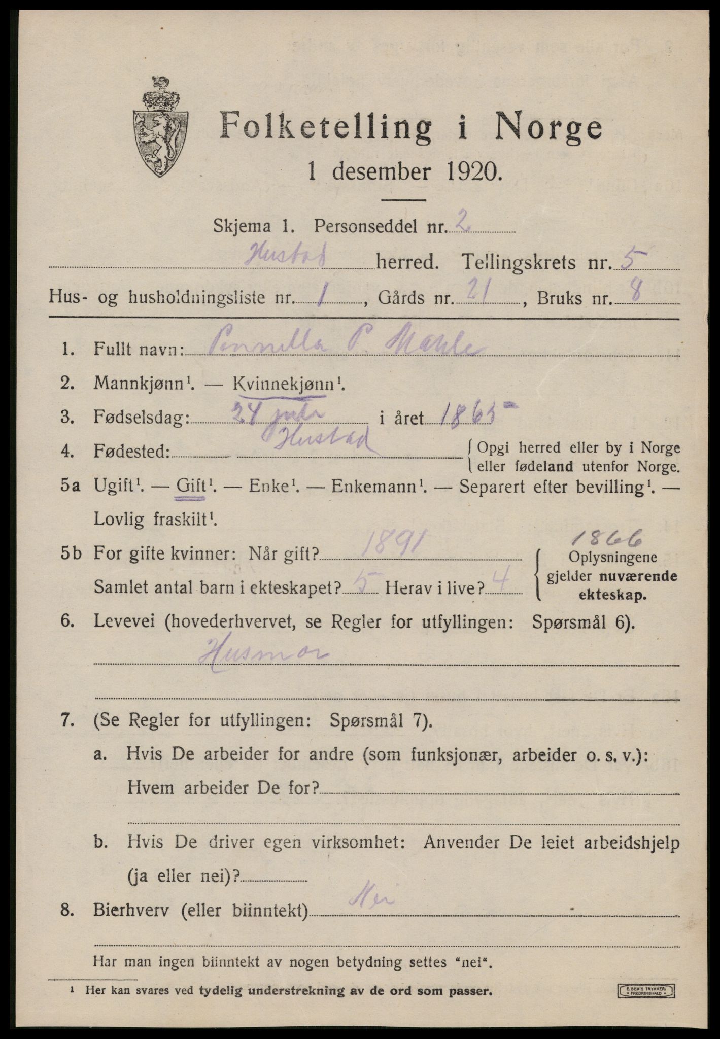 SAT, 1920 census for Hustad, 1920, p. 3591