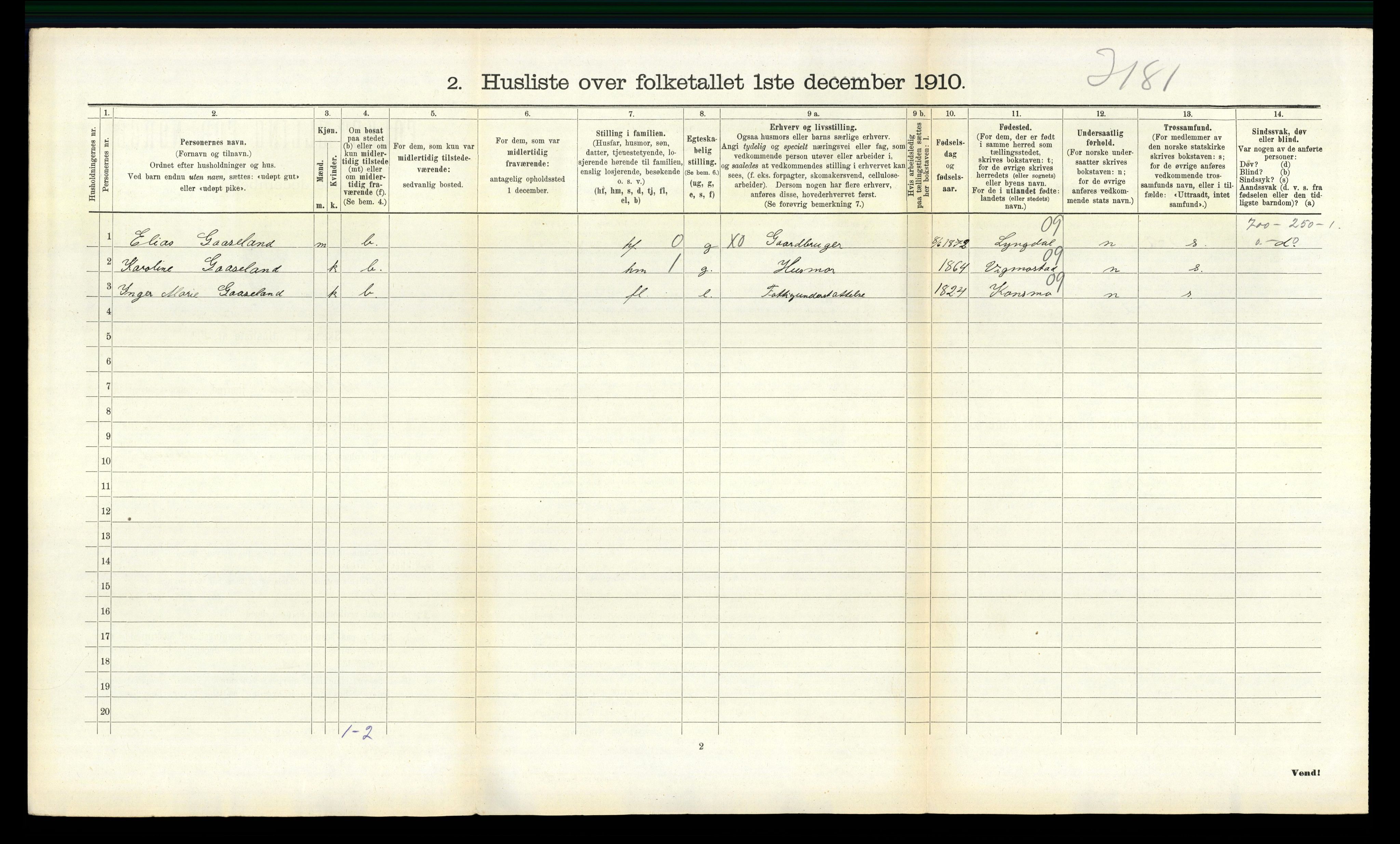 RA, 1910 census for Sør-Audnedal, 1910, p. 764