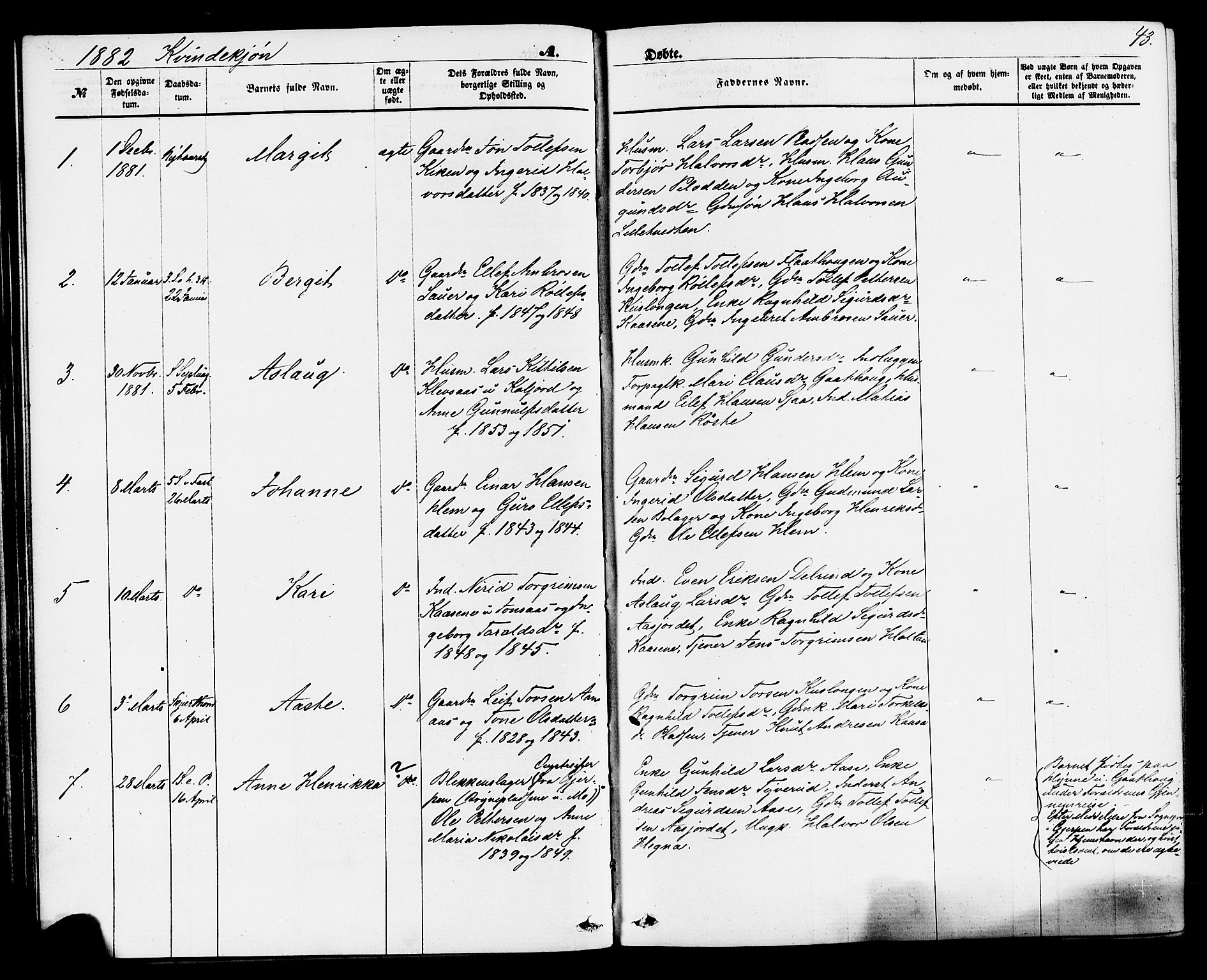 Sauherad kirkebøker, SAKO/A-298/F/Fa/L0008: Parish register (official) no. I 8, 1873-1886, p. 43