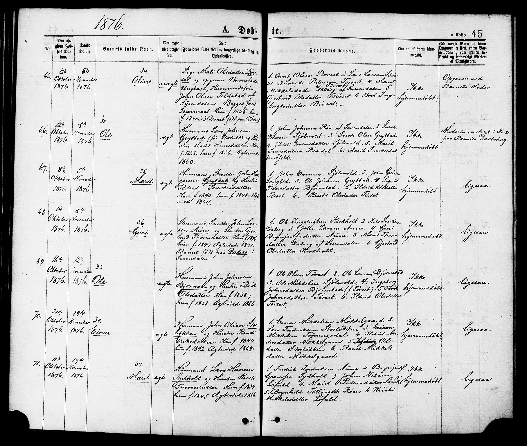 Ministerialprotokoller, klokkerbøker og fødselsregistre - Møre og Romsdal, AV/SAT-A-1454/598/L1068: Parish register (official) no. 598A02, 1872-1881, p. 45