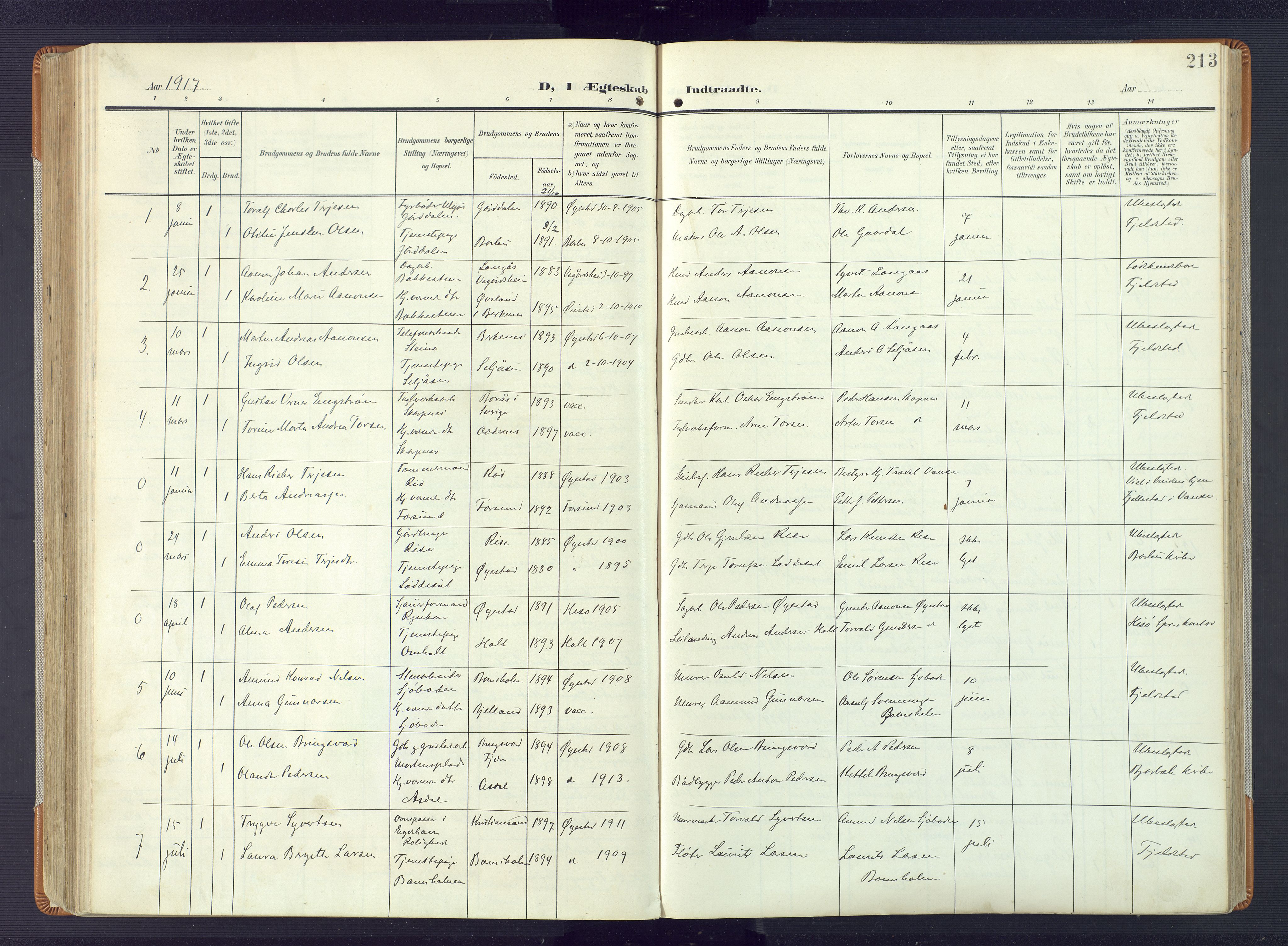 Øyestad sokneprestkontor, AV/SAK-1111-0049/F/Fa/L0019: Parish register (official) no. A 19, 1908-1922, p. 213