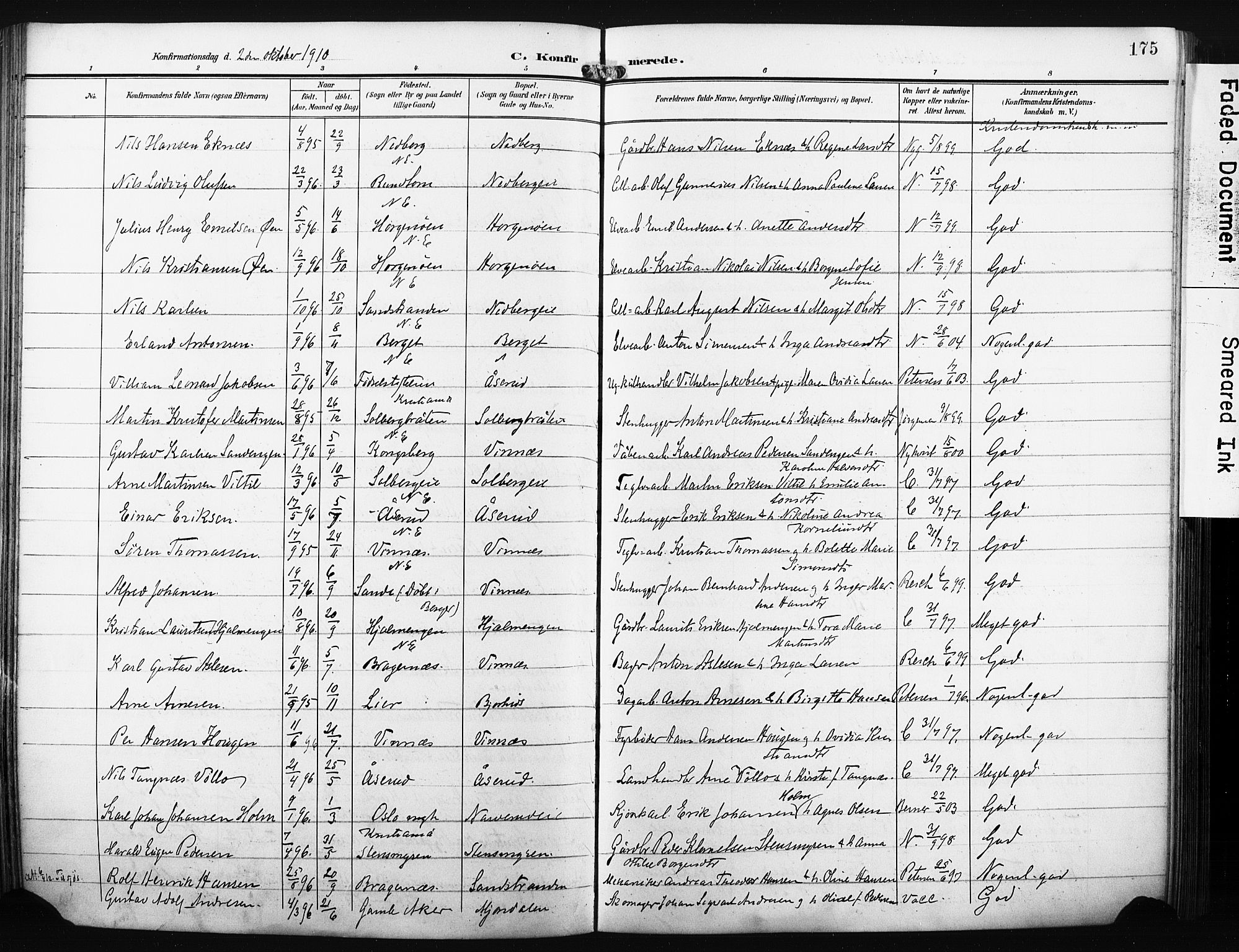 Nedre Eiker kirkebøker, AV/SAKO-A-612/F/Fa/L0006: Parish register (official) no. 6, 1906-1912, p. 175