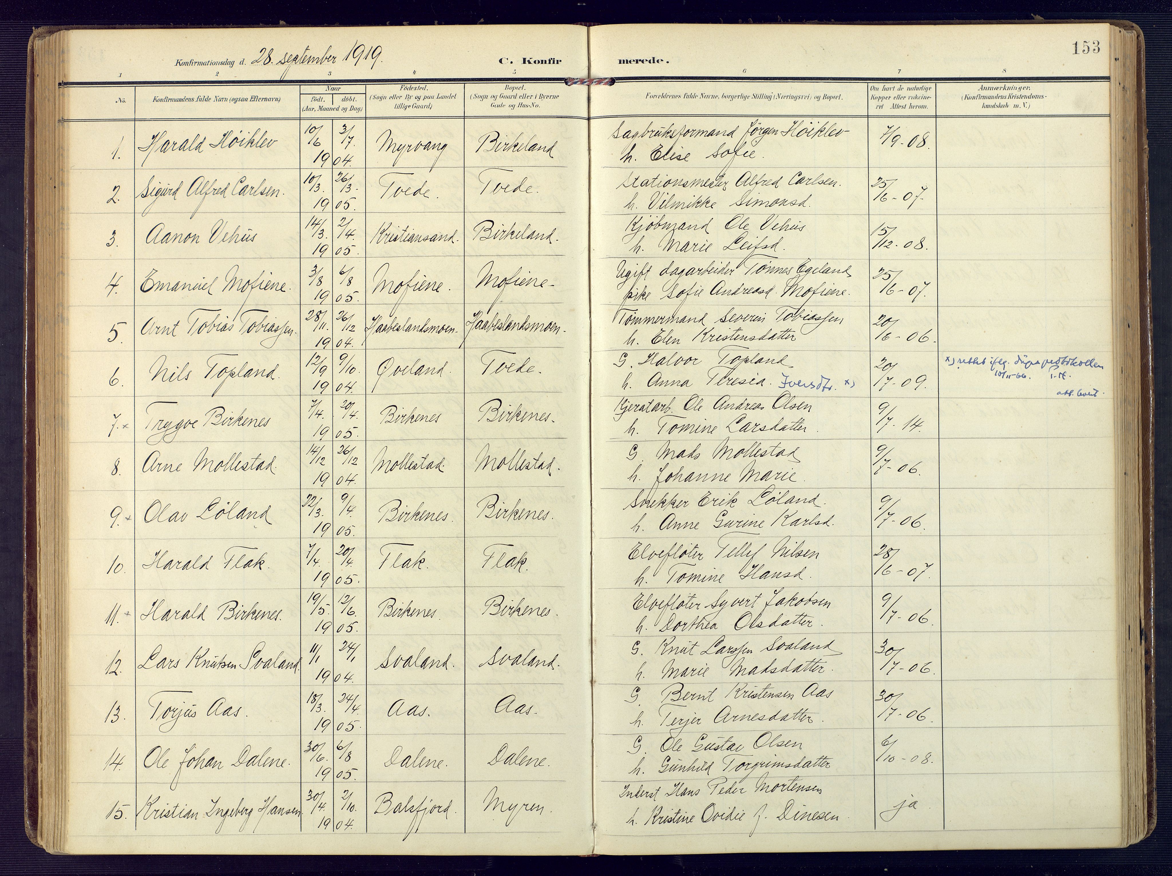 Birkenes sokneprestkontor, SAK/1111-0004/F/Fa/L0006: Parish register (official) no. A 6, 1908-1932, p. 153
