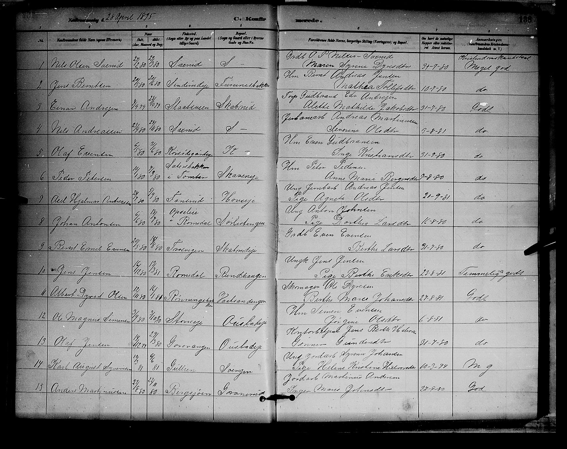 Stange prestekontor, SAH/PREST-002/L/L0008: Parish register (copy) no. 8, 1882-1895, p. 138