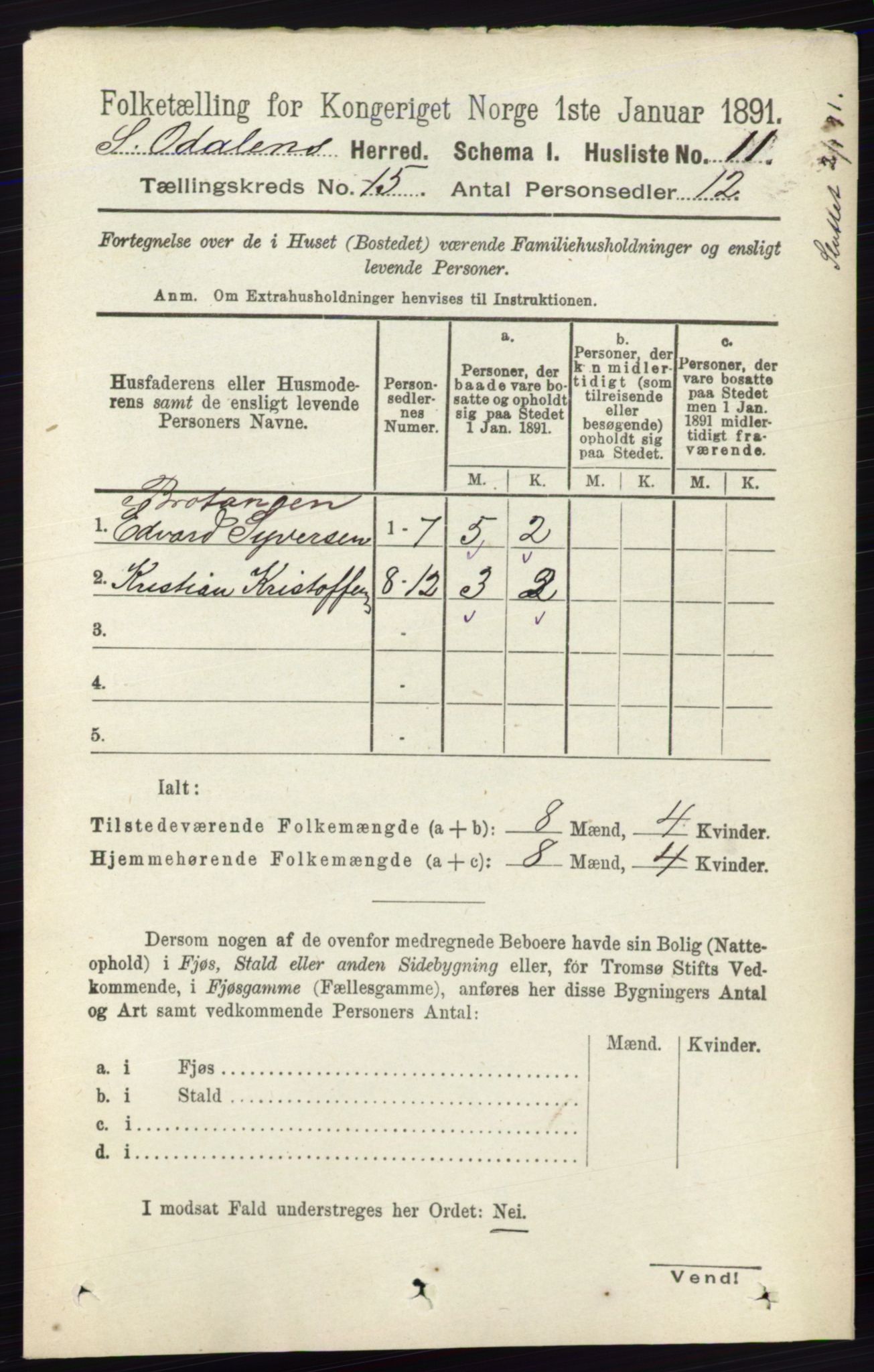 RA, 1891 census for 0419 Sør-Odal, 1891, p. 6476