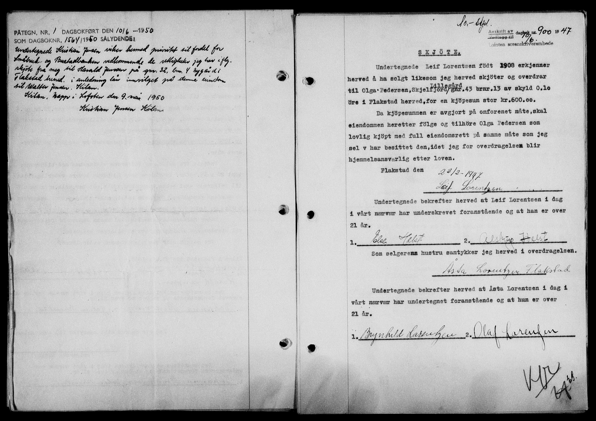 Lofoten sorenskriveri, SAT/A-0017/1/2/2C/L0016a: Mortgage book no. 16a, 1947-1947, Diary no: : 900/1947