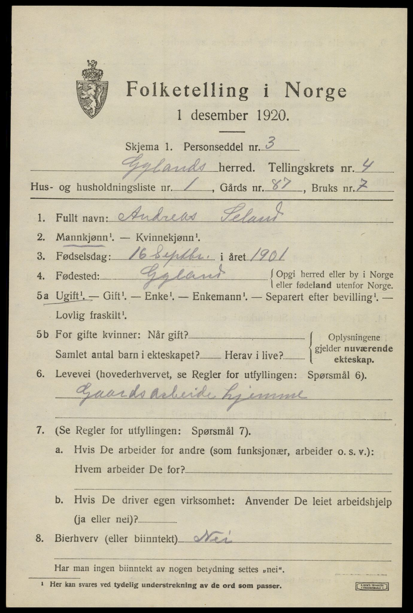 SAK, 1920 census for Gyland, 1920, p. 1042