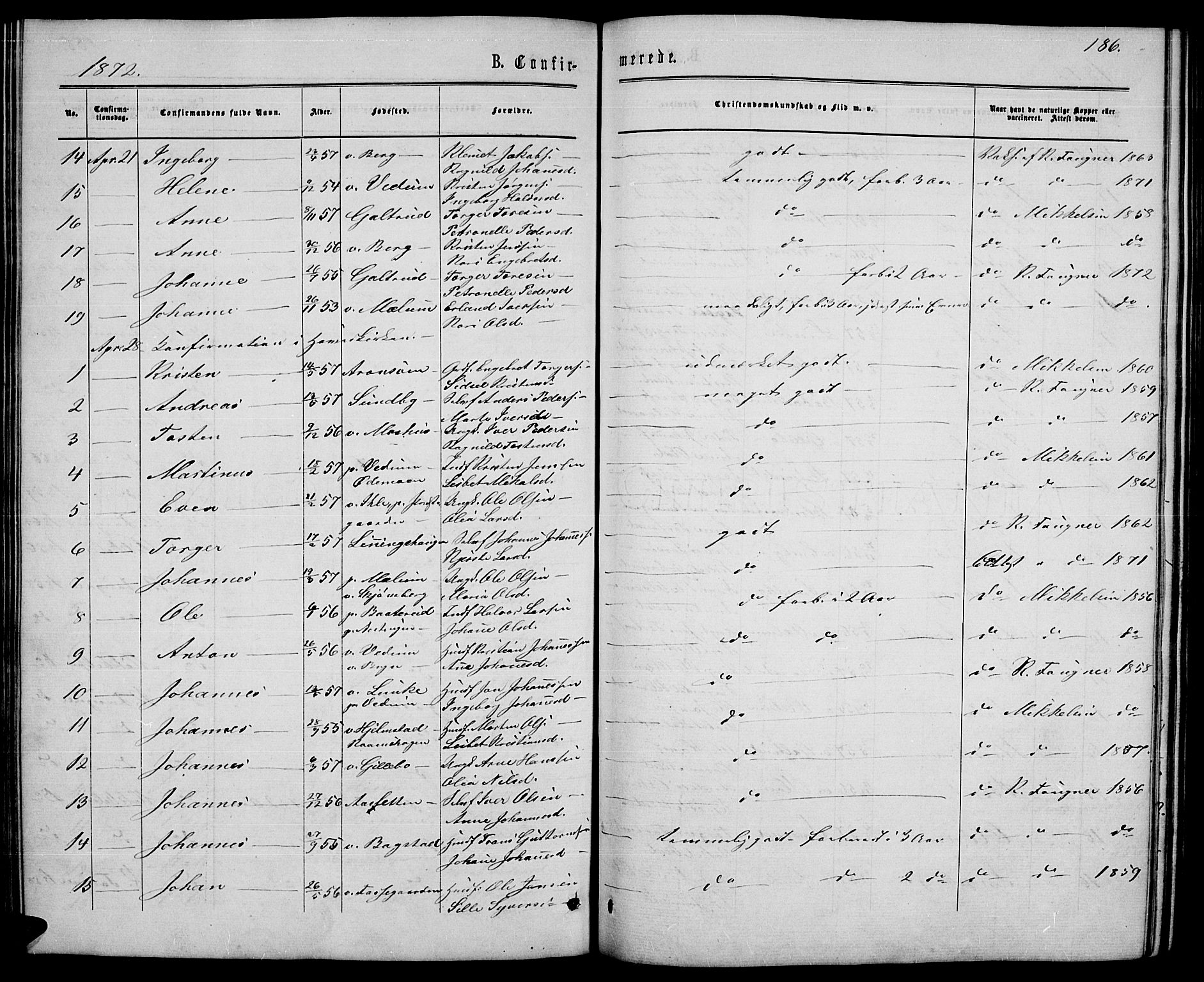 Øyer prestekontor, AV/SAH-PREST-084/H/Ha/Hab/L0001: Parish register (copy) no. 1, 1863-1877, p. 186