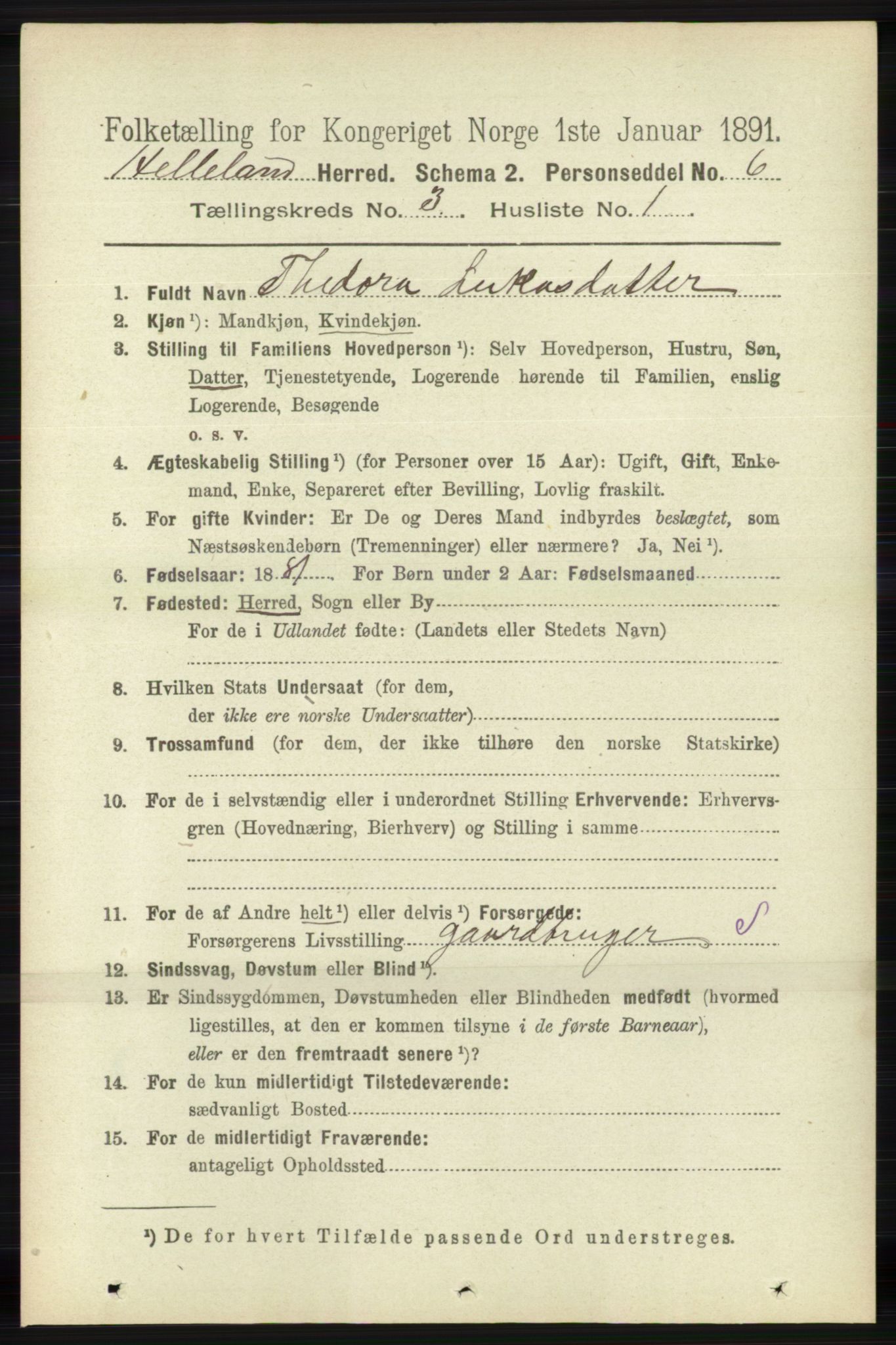 RA, 1891 census for 1115 Helleland, 1891, p. 844