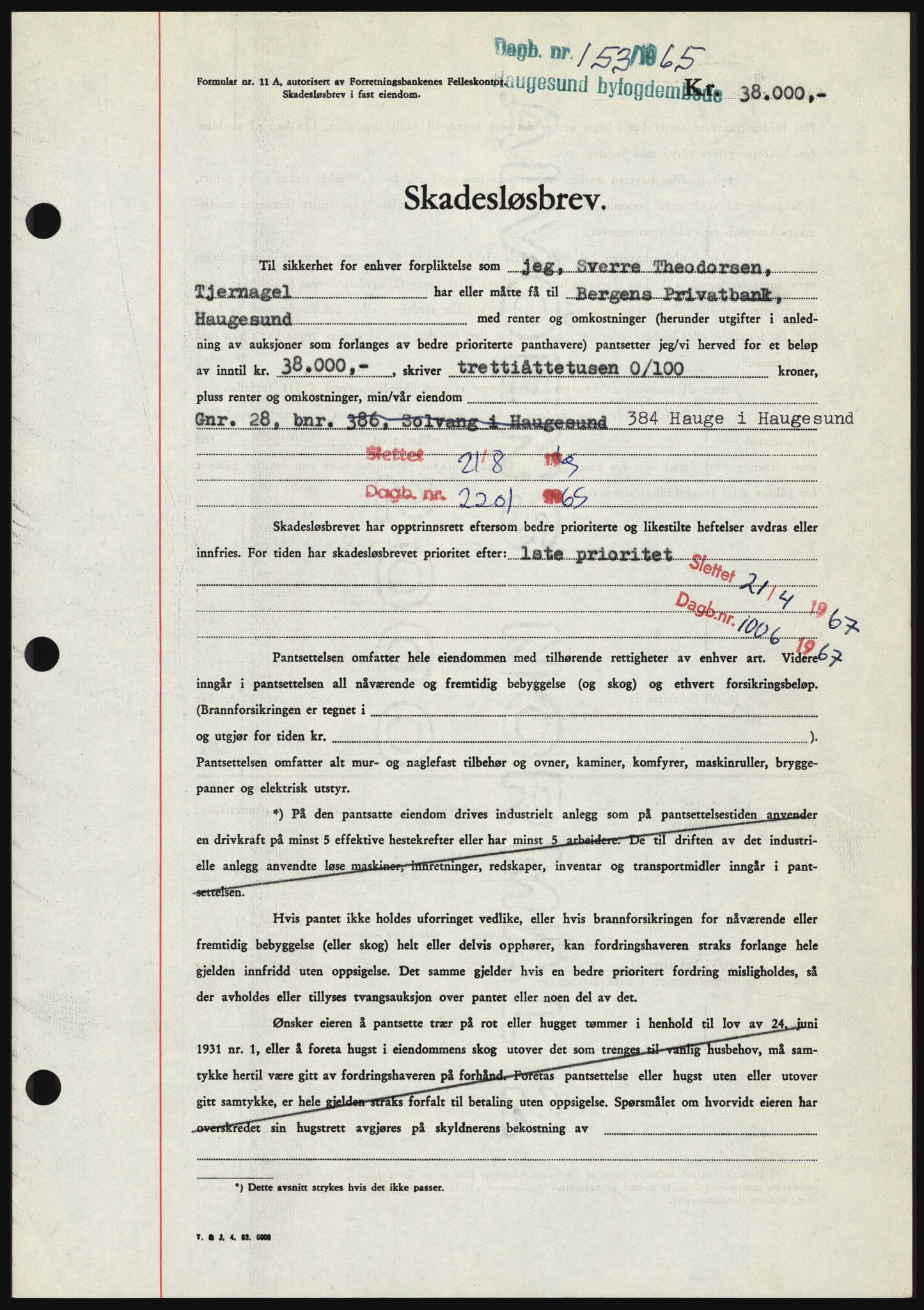 Haugesund tingrett, SAST/A-101415/01/II/IIC/L0053: Mortgage book no. B 53, 1965-1965, Diary no: : 153/1965