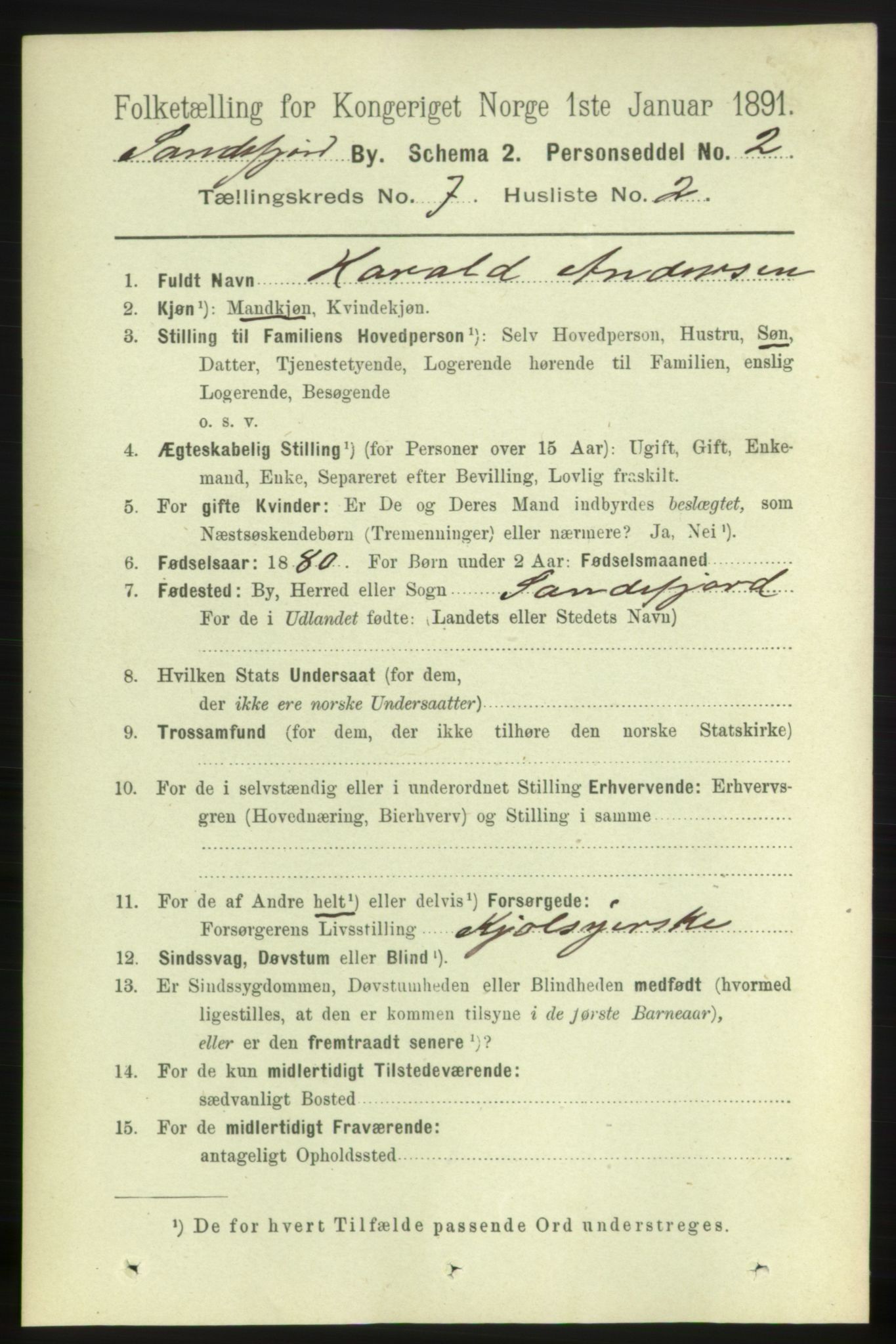 RA, 1891 census for 0706 Sandefjord, 1891, p. 2890