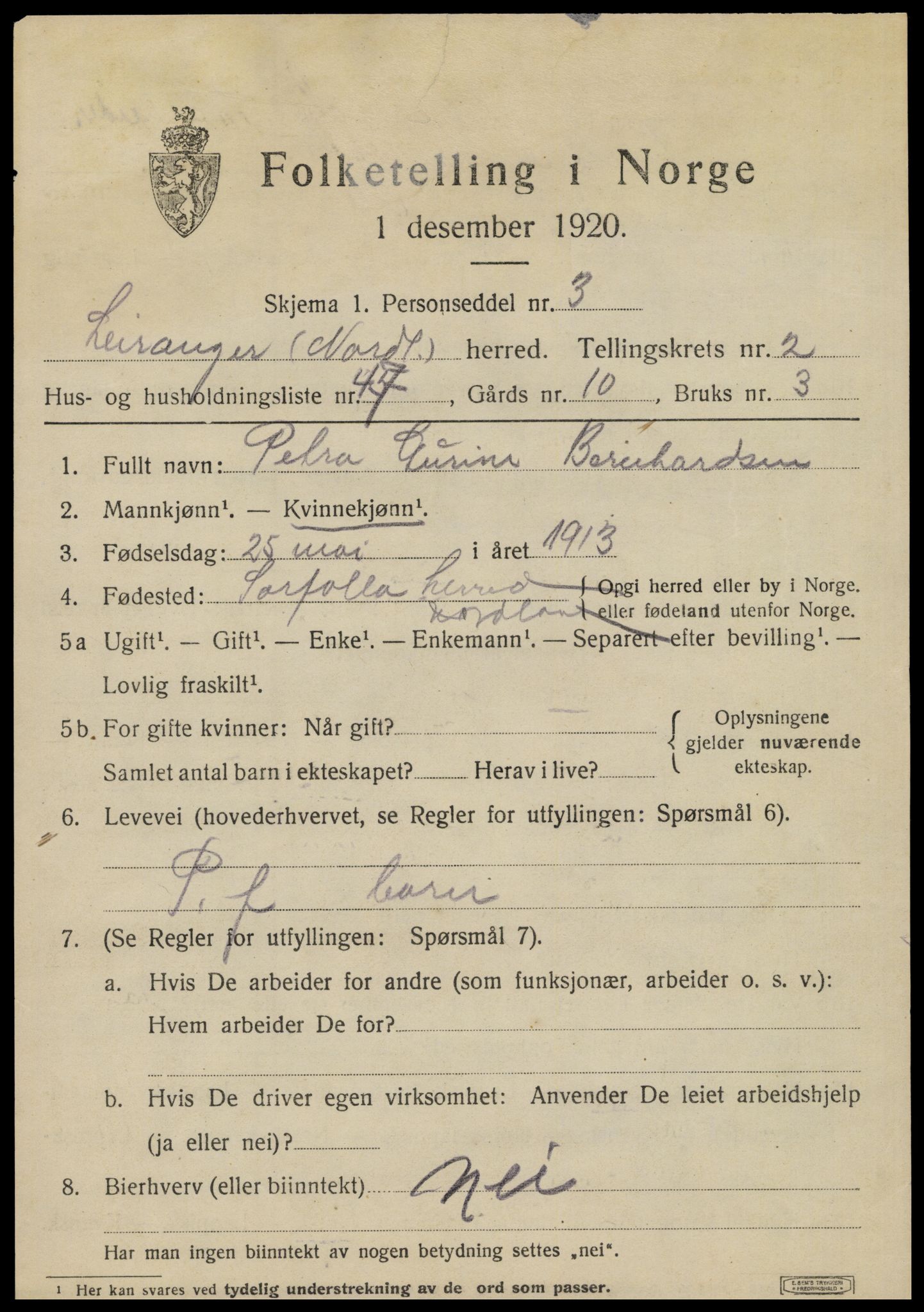 SAT, 1920 census for Leiranger, 1920, p. 1317