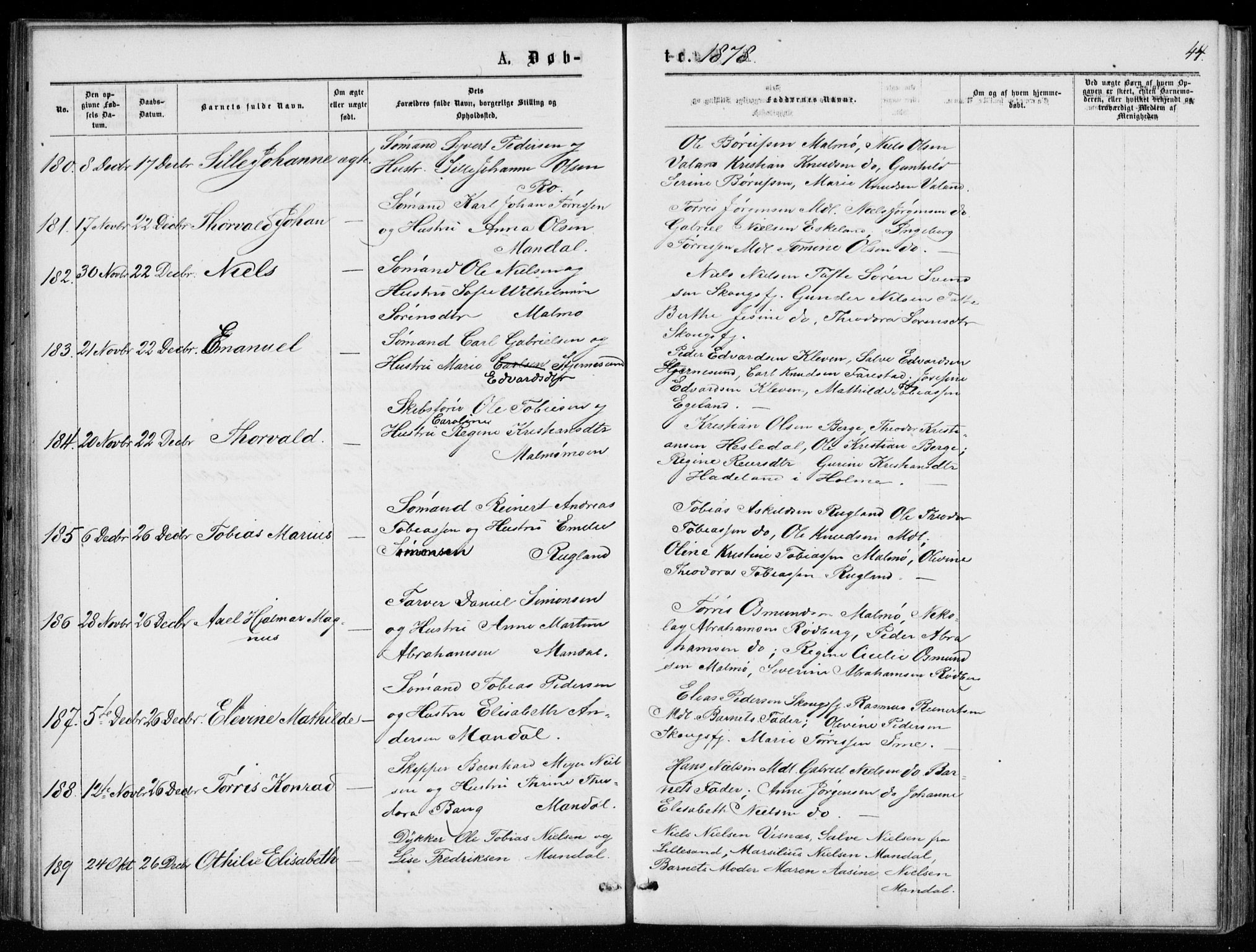 Mandal sokneprestkontor, AV/SAK-1111-0030/F/Fb/Fba/L0010: Parish register (copy) no. B 4, 1876-1880, p. 44