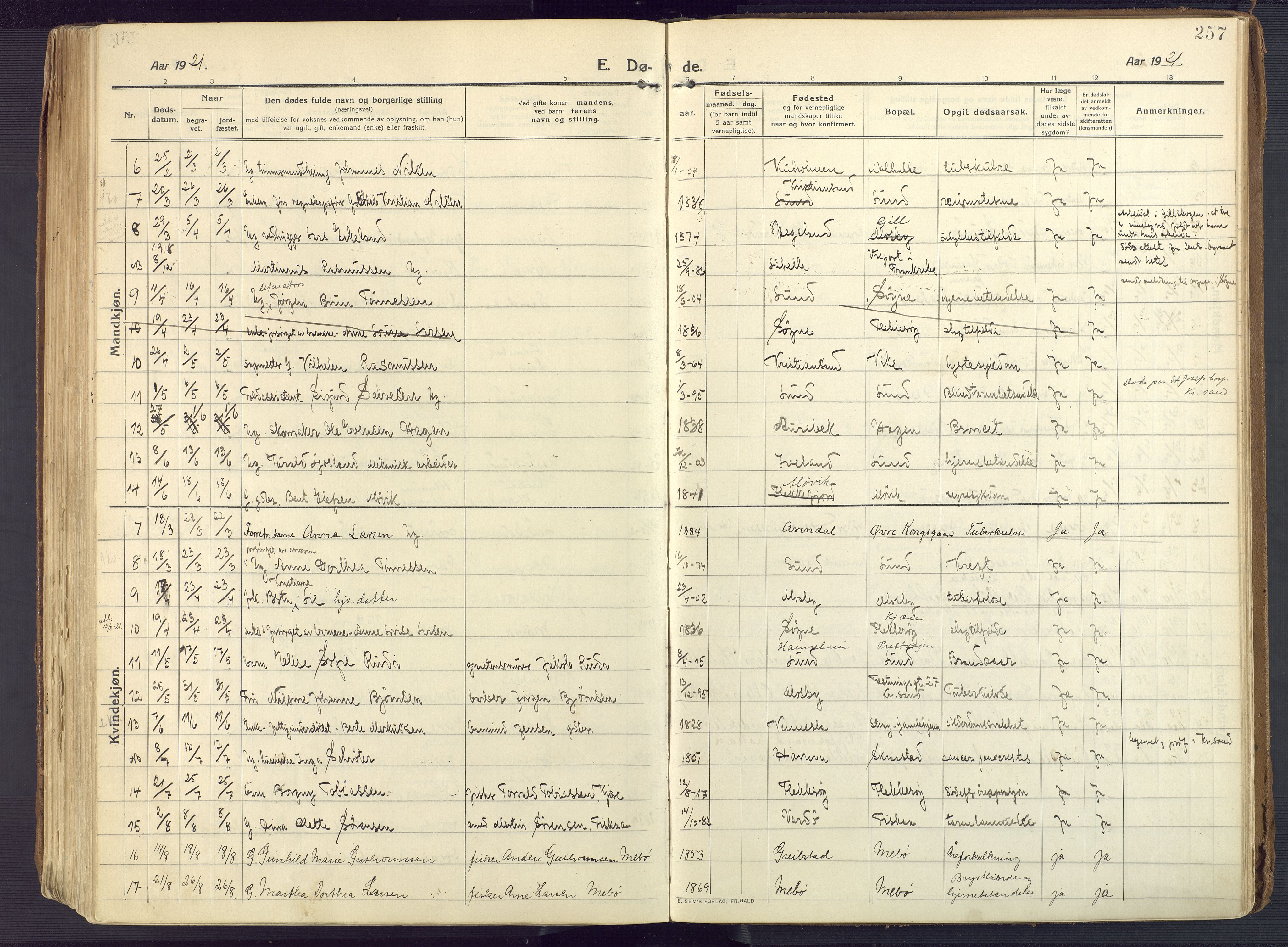 Oddernes sokneprestkontor, AV/SAK-1111-0033/F/Fa/Faa/L0012: Parish register (official) no. A 12, 1912-1925, p. 257