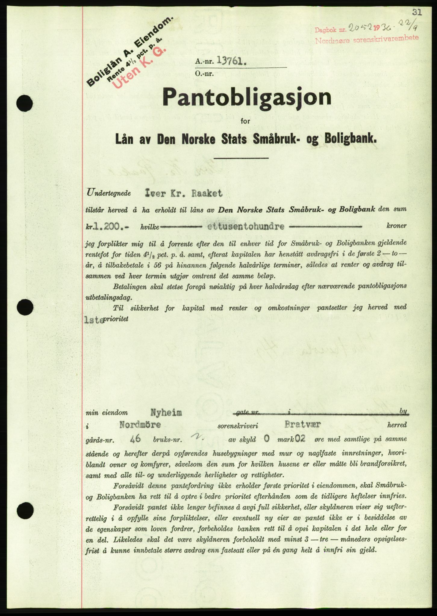 Nordmøre sorenskriveri, AV/SAT-A-4132/1/2/2Ca/L0090: Mortgage book no. B80, 1936-1937, Diary no: : 2052/1936