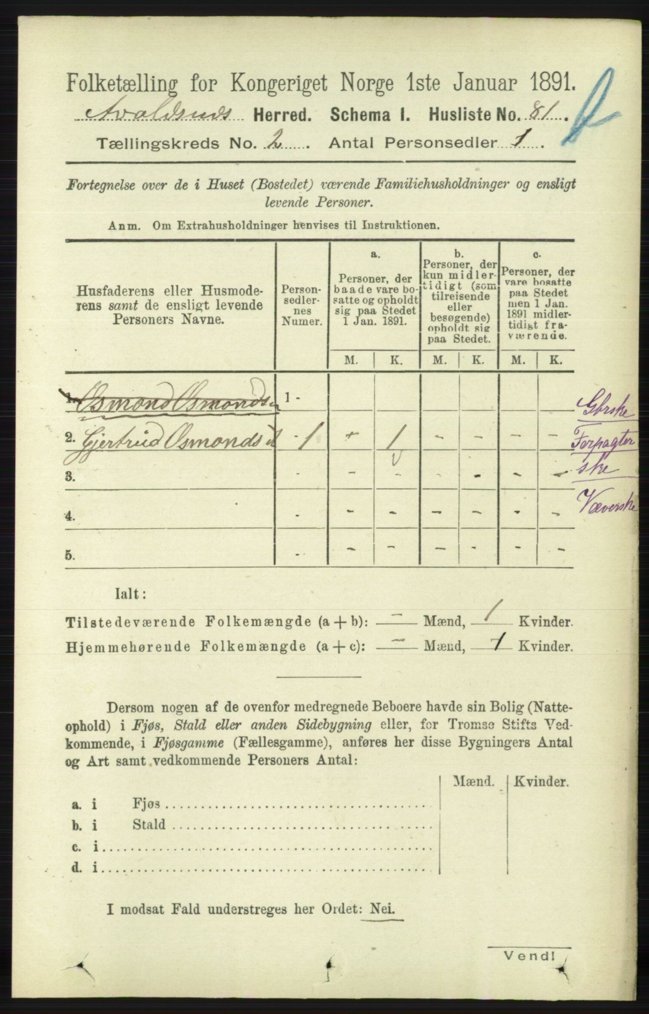 RA, 1891 census for 1147 Avaldsnes, 1891, p. 1970