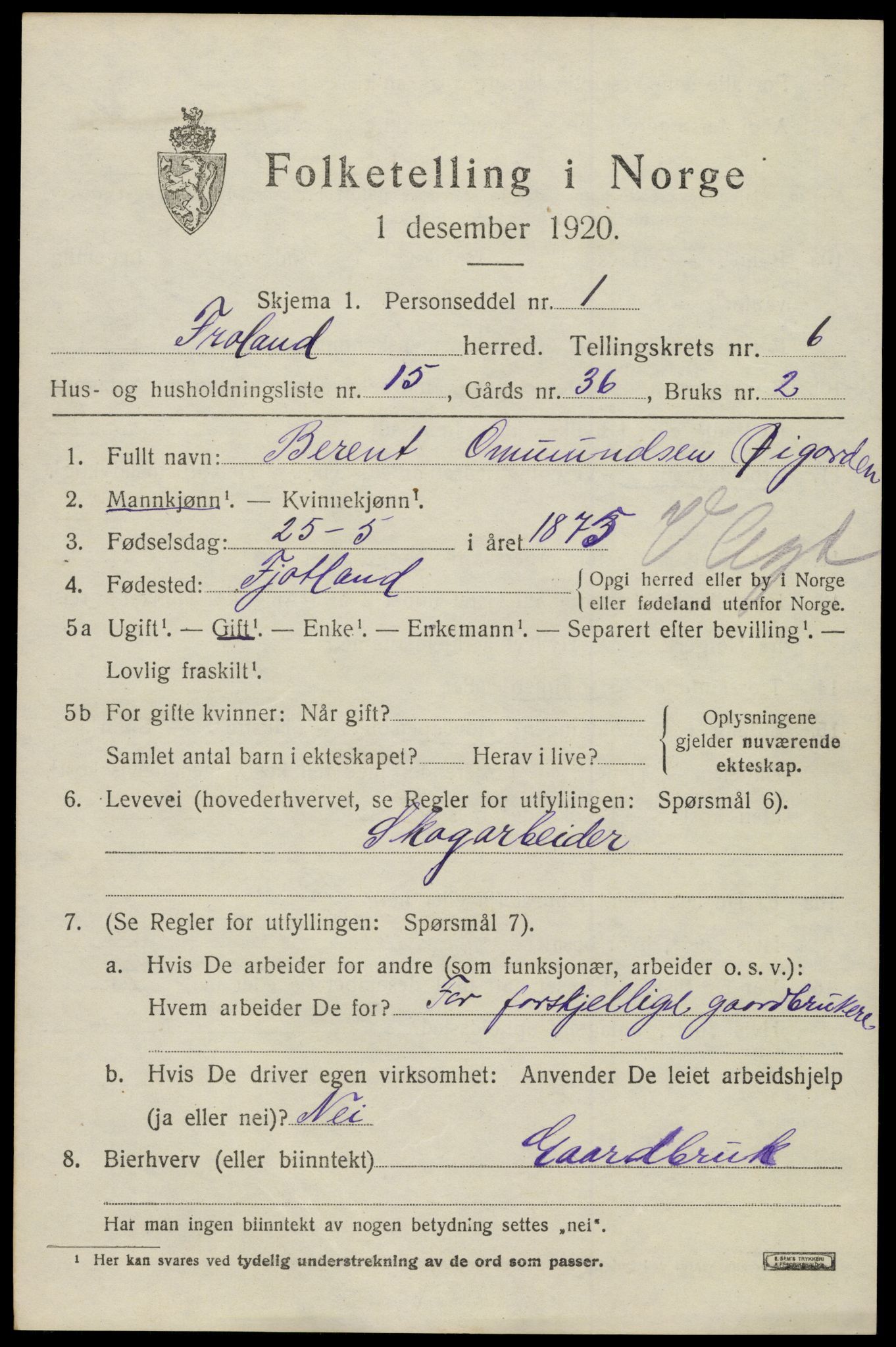 SAK, 1920 census for Froland, 1920, p. 4215