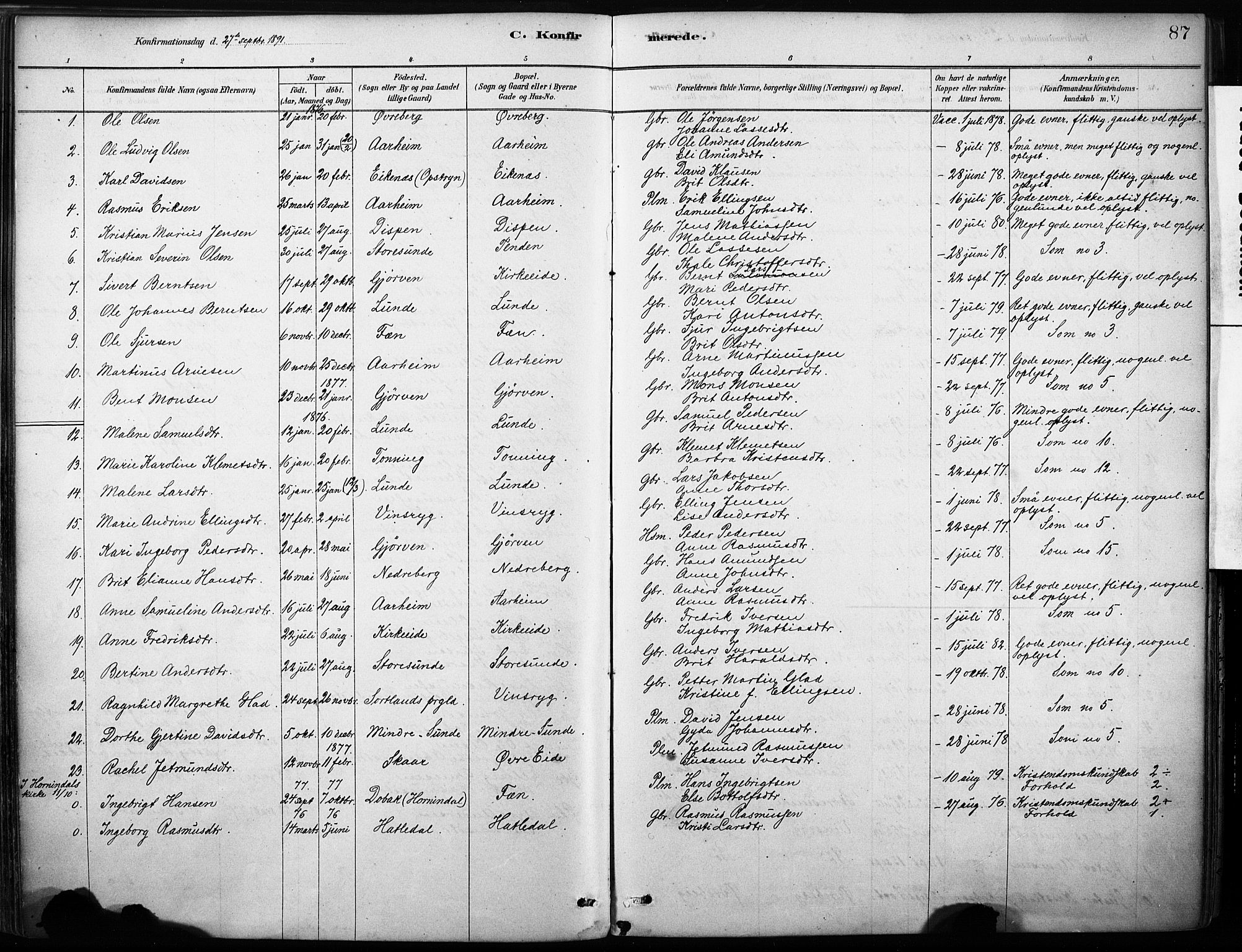 Stryn Sokneprestembete, AV/SAB-A-82501: Parish register (official) no. B 1, 1878-1907, p. 87