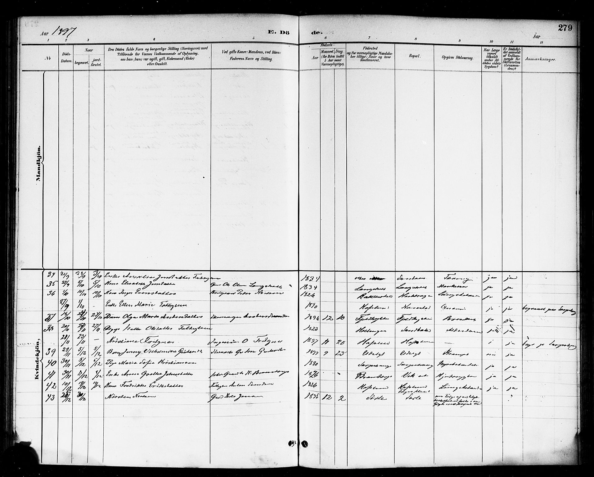 Skjeberg prestekontor Kirkebøker, AV/SAO-A-10923/F/Fa/L0009: Parish register (official) no. I 9, 1886-1897, p. 279