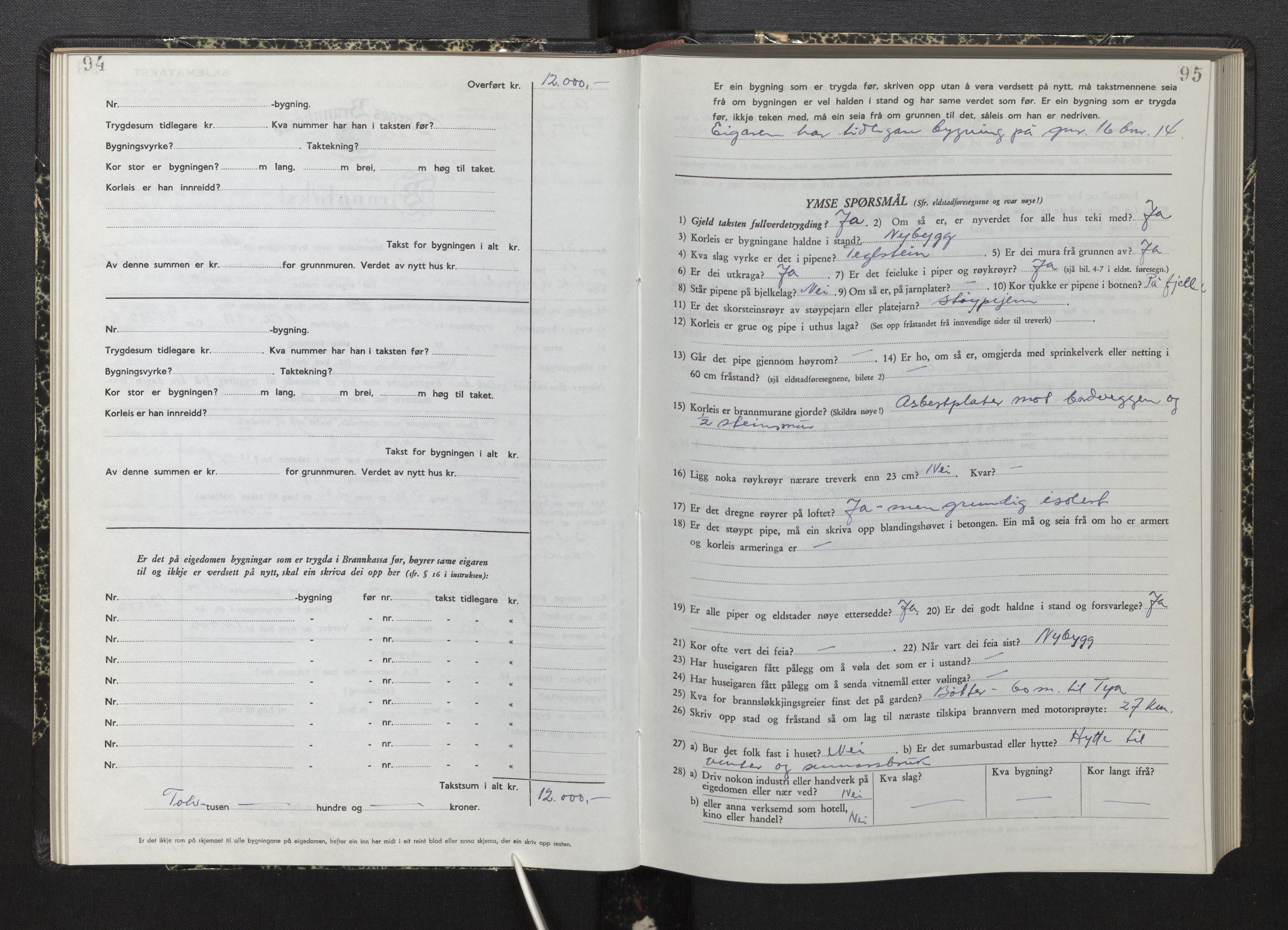 Lensmannen i Årdal, AV/SAB-A-30501/0012/L0012: Branntakstprotokoll, skjematakst, 1949-1955, p. 94-95