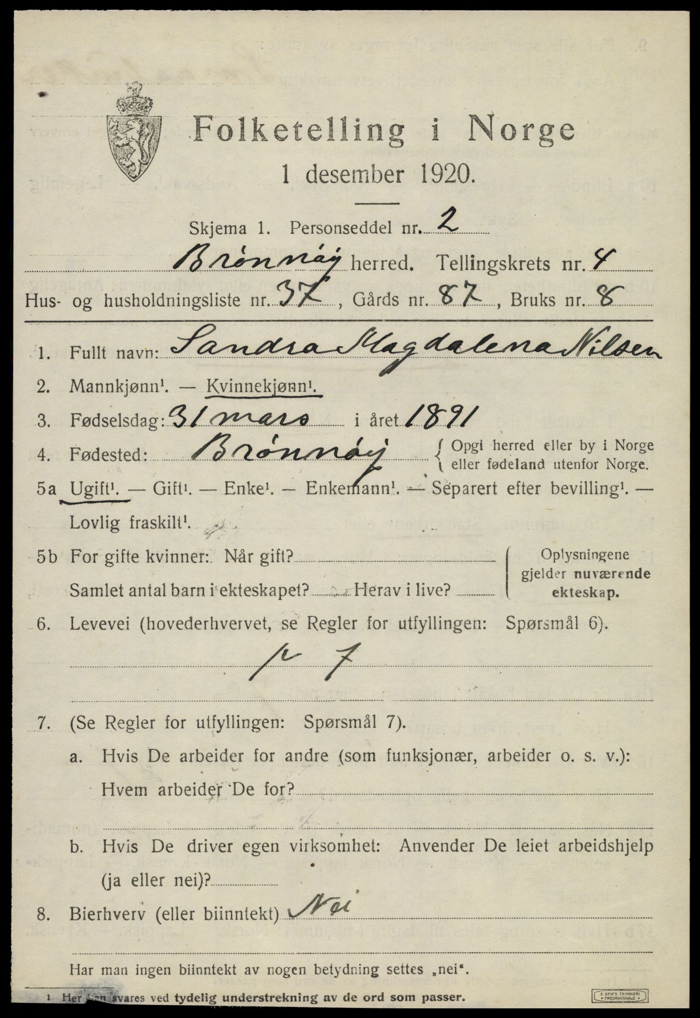 SAT, 1920 census for Brønnøy, 1920, p. 3750