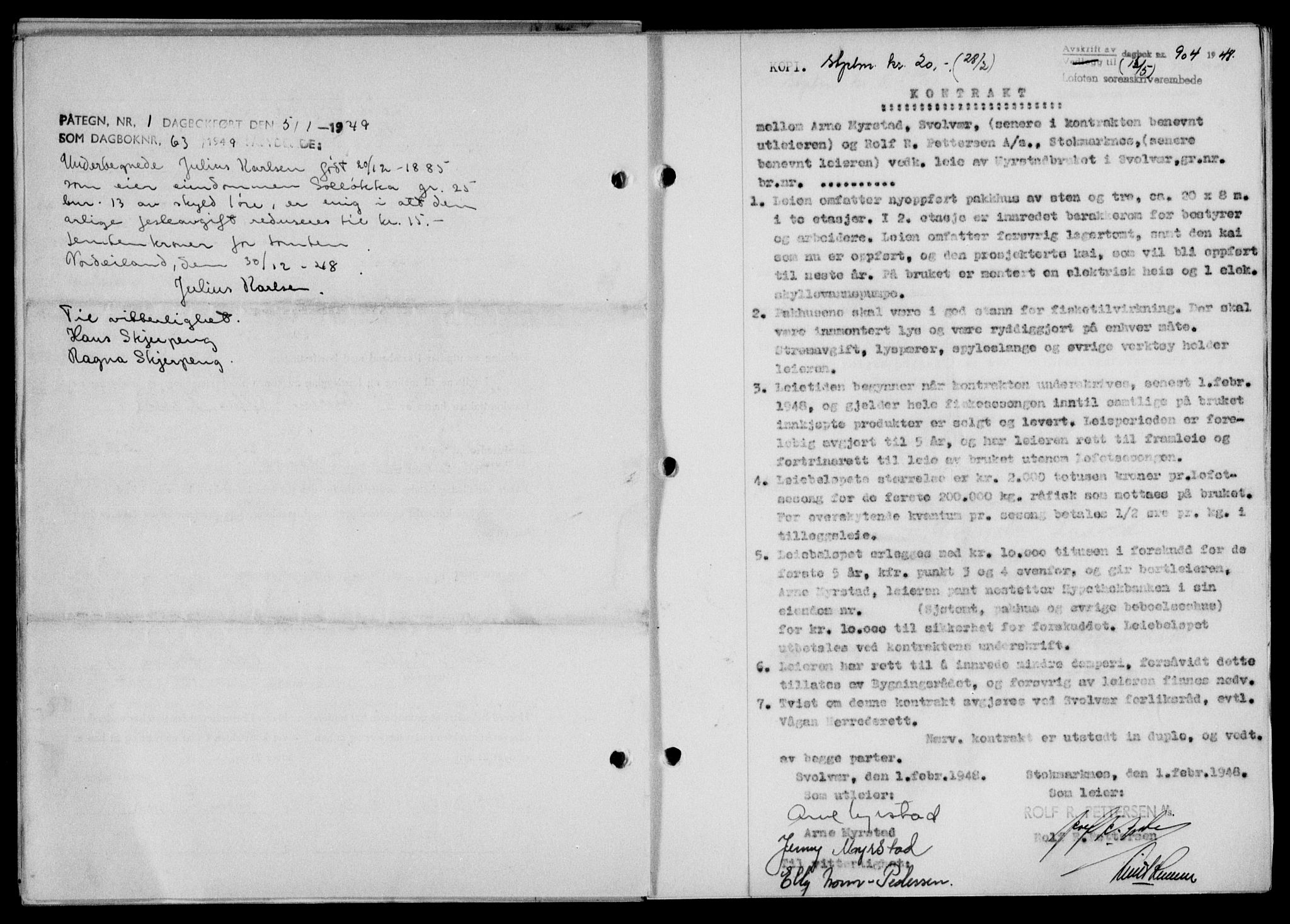 Lofoten sorenskriveri, SAT/A-0017/1/2/2C/L0018a: Mortgage book no. 18a, 1948-1948, Diary no: : 904/1948