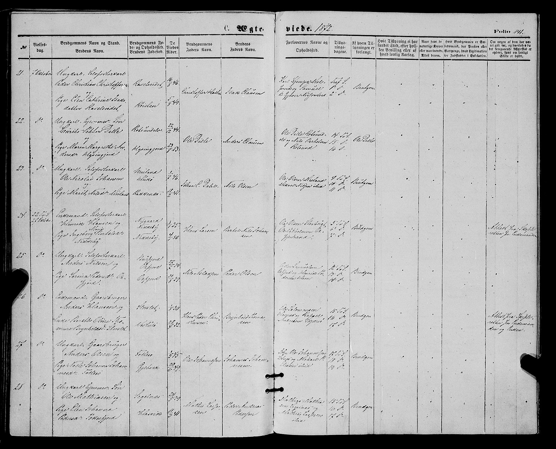 Skjervøy sokneprestkontor, AV/SATØ-S-1300/H/Ha/Haa/L0008kirke: Parish register (official) no. 8, 1871-1877, p. 141