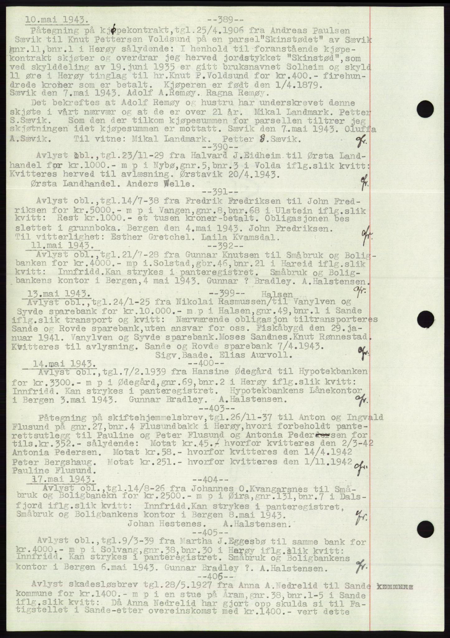 Søre Sunnmøre sorenskriveri, AV/SAT-A-4122/1/2/2C/L0072: Mortgage book no. 66, 1941-1955, Diary no: : 389/1943