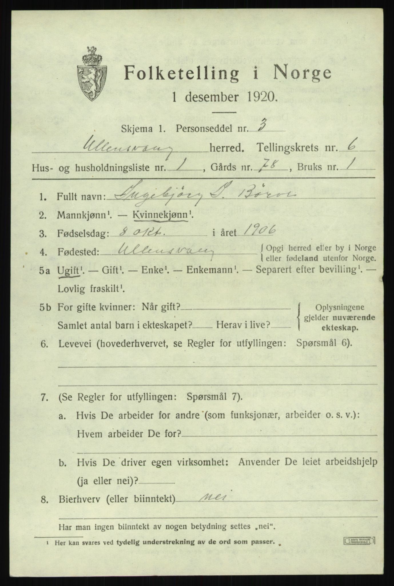 SAB, 1920 census for Ullensvang, 1920, p. 3600