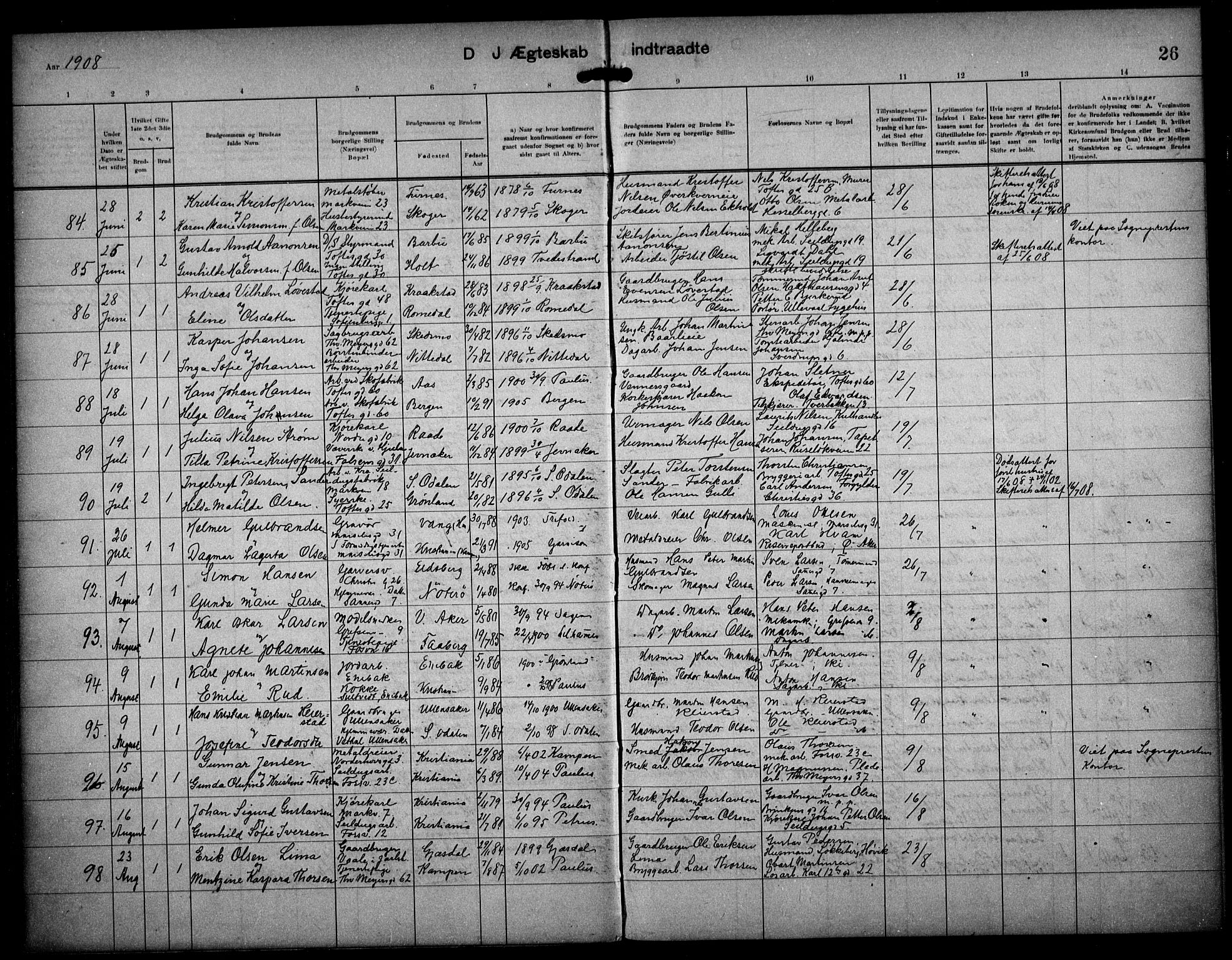 Paulus prestekontor Kirkebøker, AV/SAO-A-10871/F/Fa/L0017: Parish register (official) no. 17, 1906-1917, p. 26