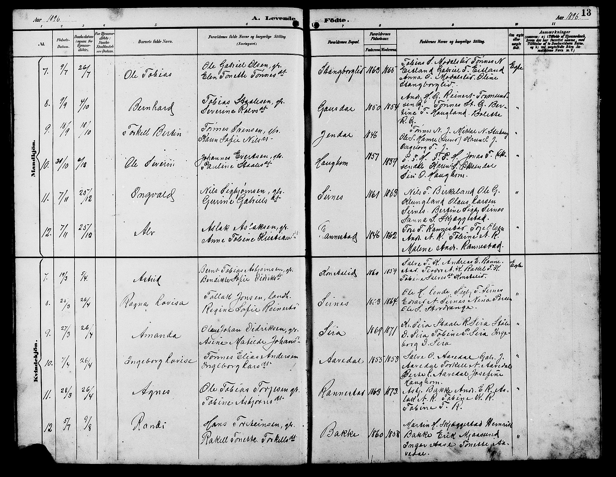 Bakke sokneprestkontor, SAK/1111-0002/F/Fb/Fba/L0003: Parish register (copy) no. B 3, 1894-1910, p. 13