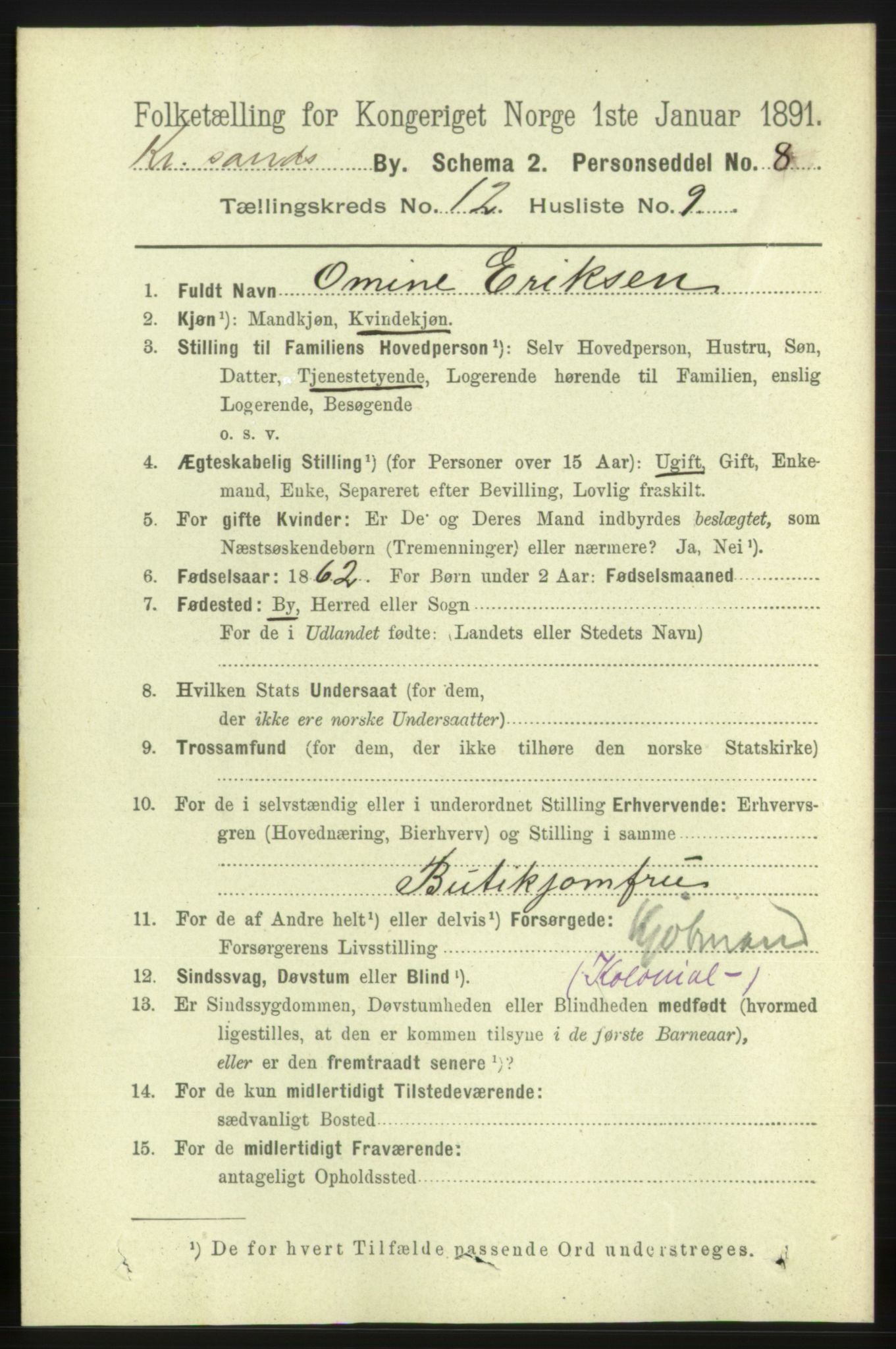 RA, 1891 census for 1001 Kristiansand, 1891, p. 6063