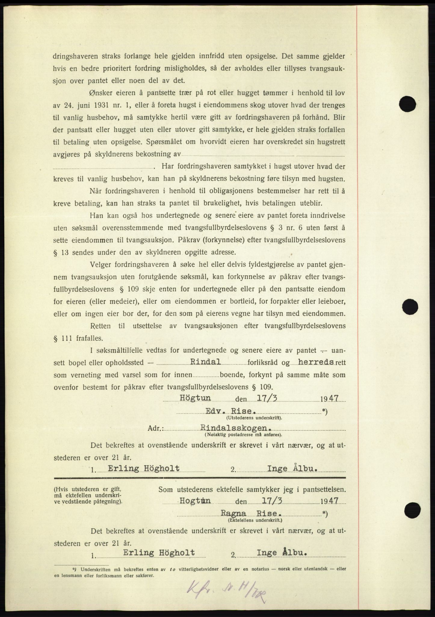 Nordmøre sorenskriveri, AV/SAT-A-4132/1/2/2Ca: Mortgage book no. B96, 1947-1947, Diary no: : 767/1947