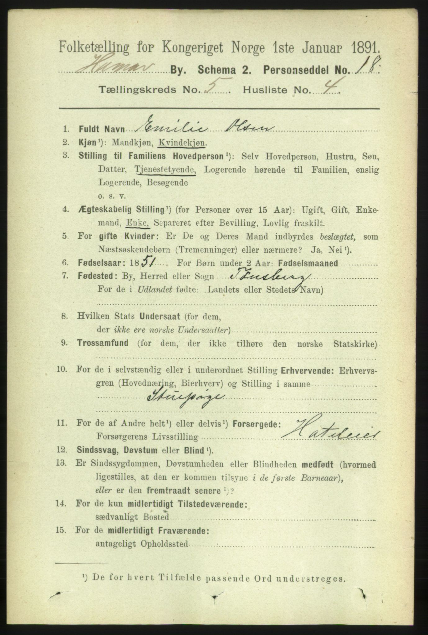 RA, 1891 census for 0401 Hamar, 1891, p. 3752