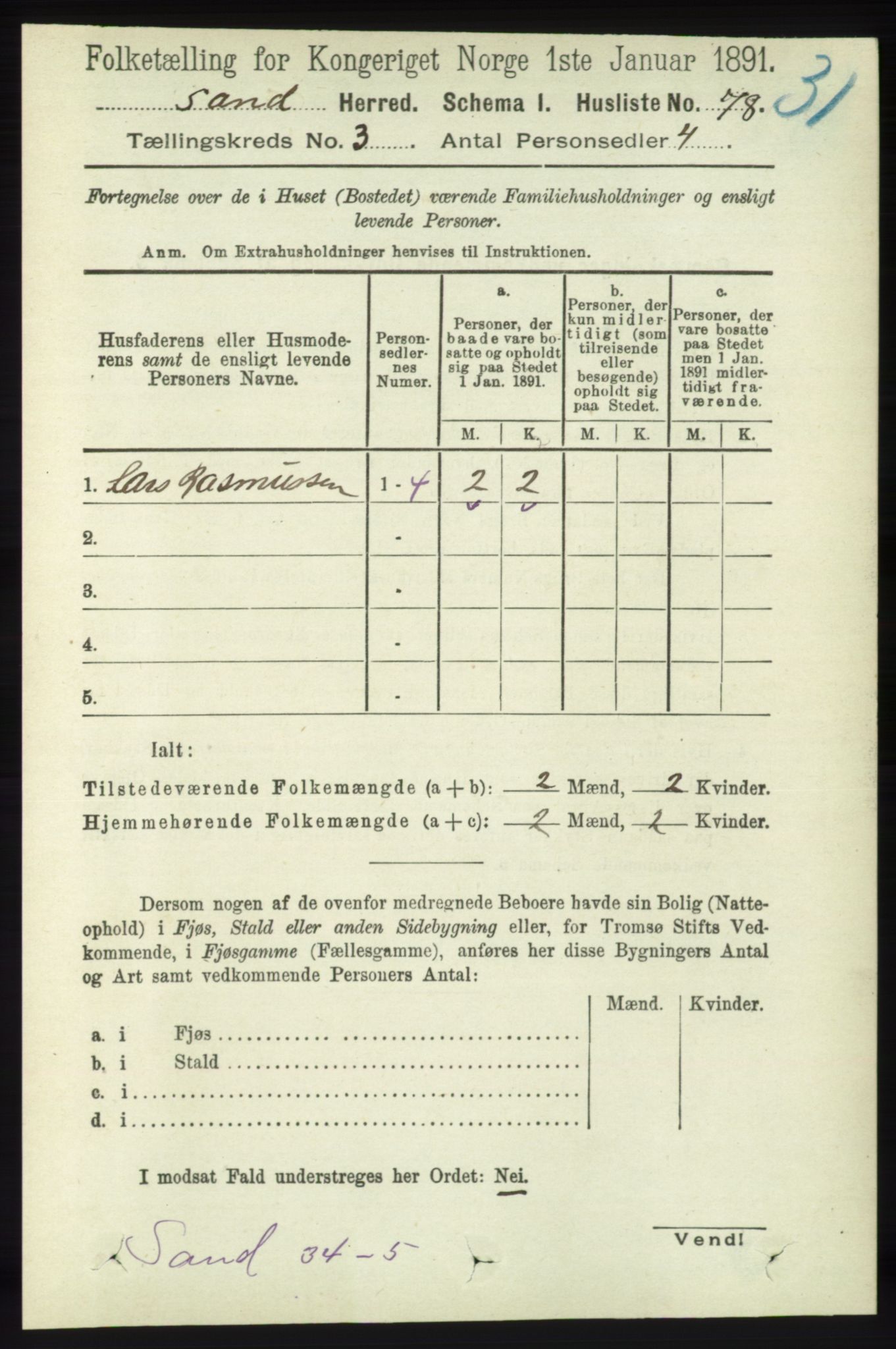 RA, 1891 census for 1136 Sand, 1891, p. 655