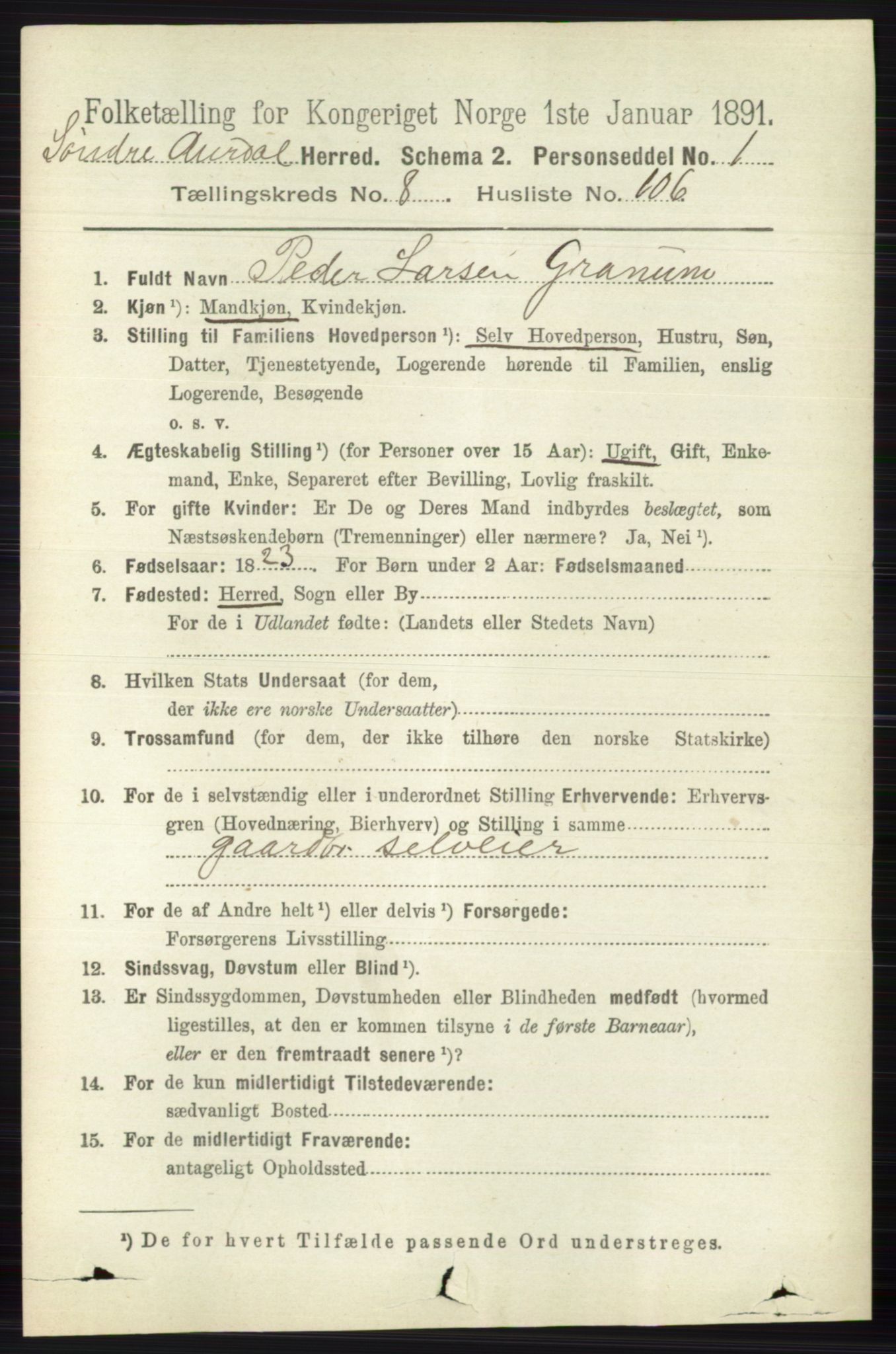 RA, 1891 census for 0540 Sør-Aurdal, 1891, p. 5489