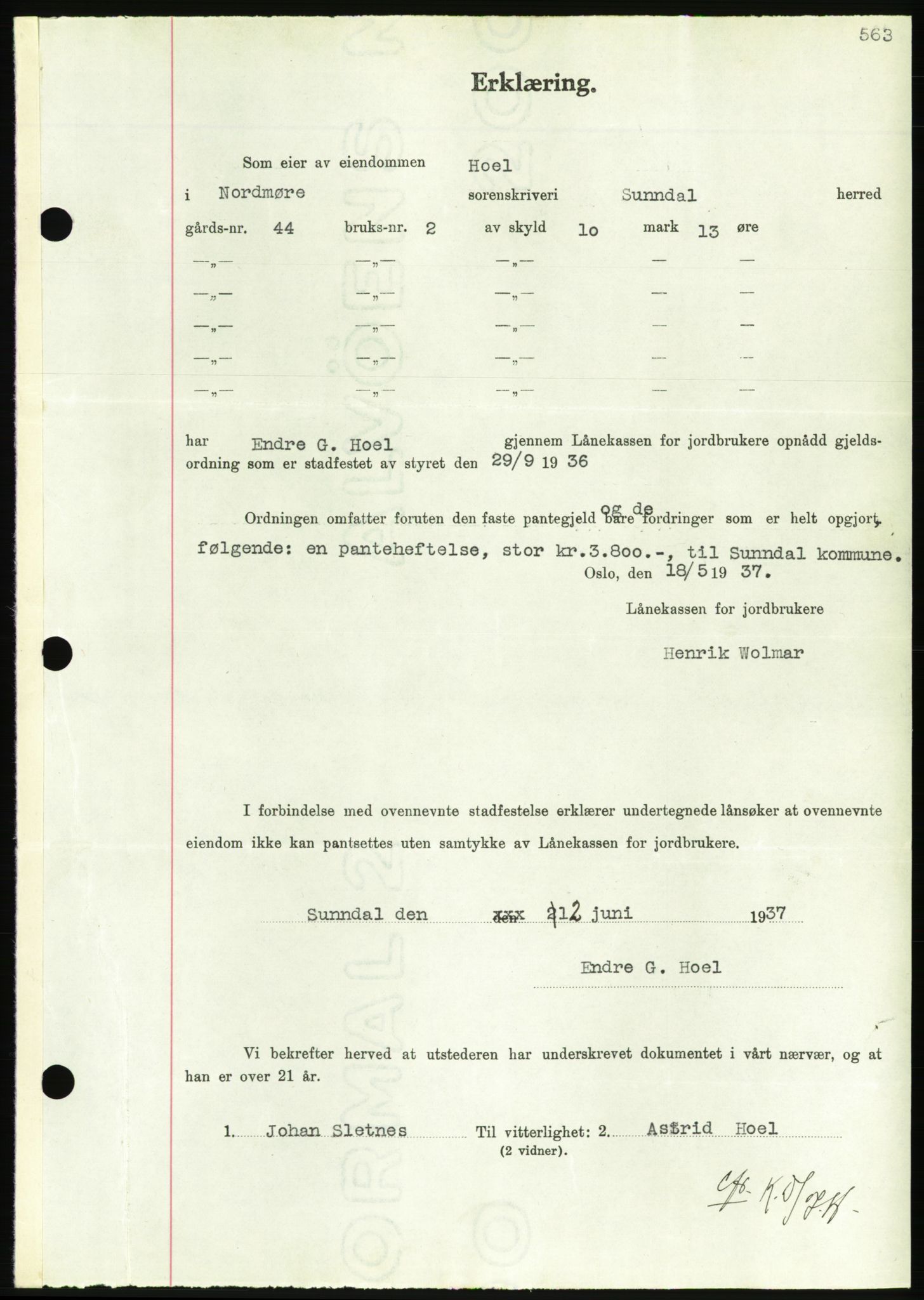 Nordmøre sorenskriveri, AV/SAT-A-4132/1/2/2Ca/L0091: Mortgage book no. B81, 1937-1937, Diary no: : 1658/1937